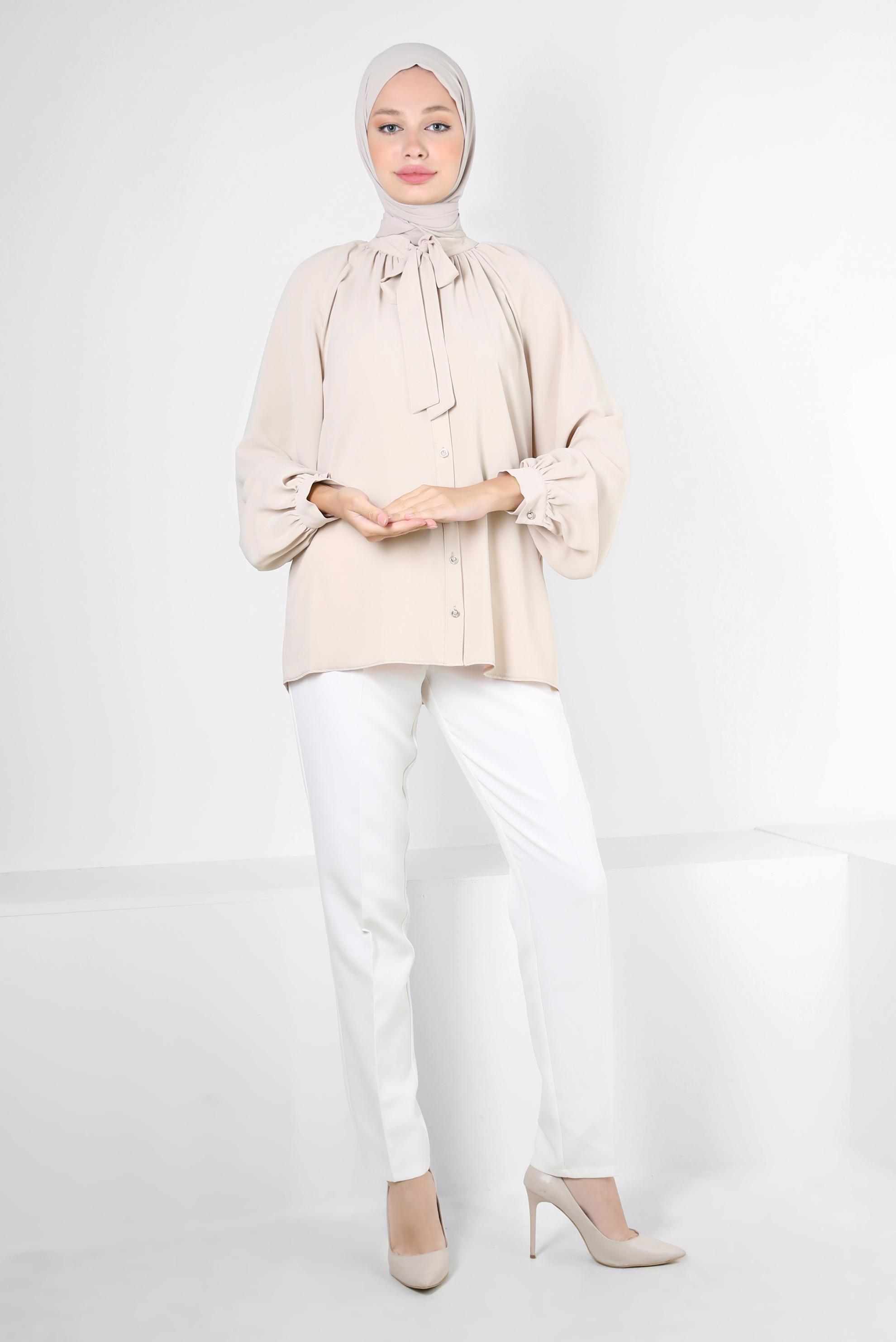 Vêtements hijab BEIGE BLOUSE À COL NOUÉ 43869