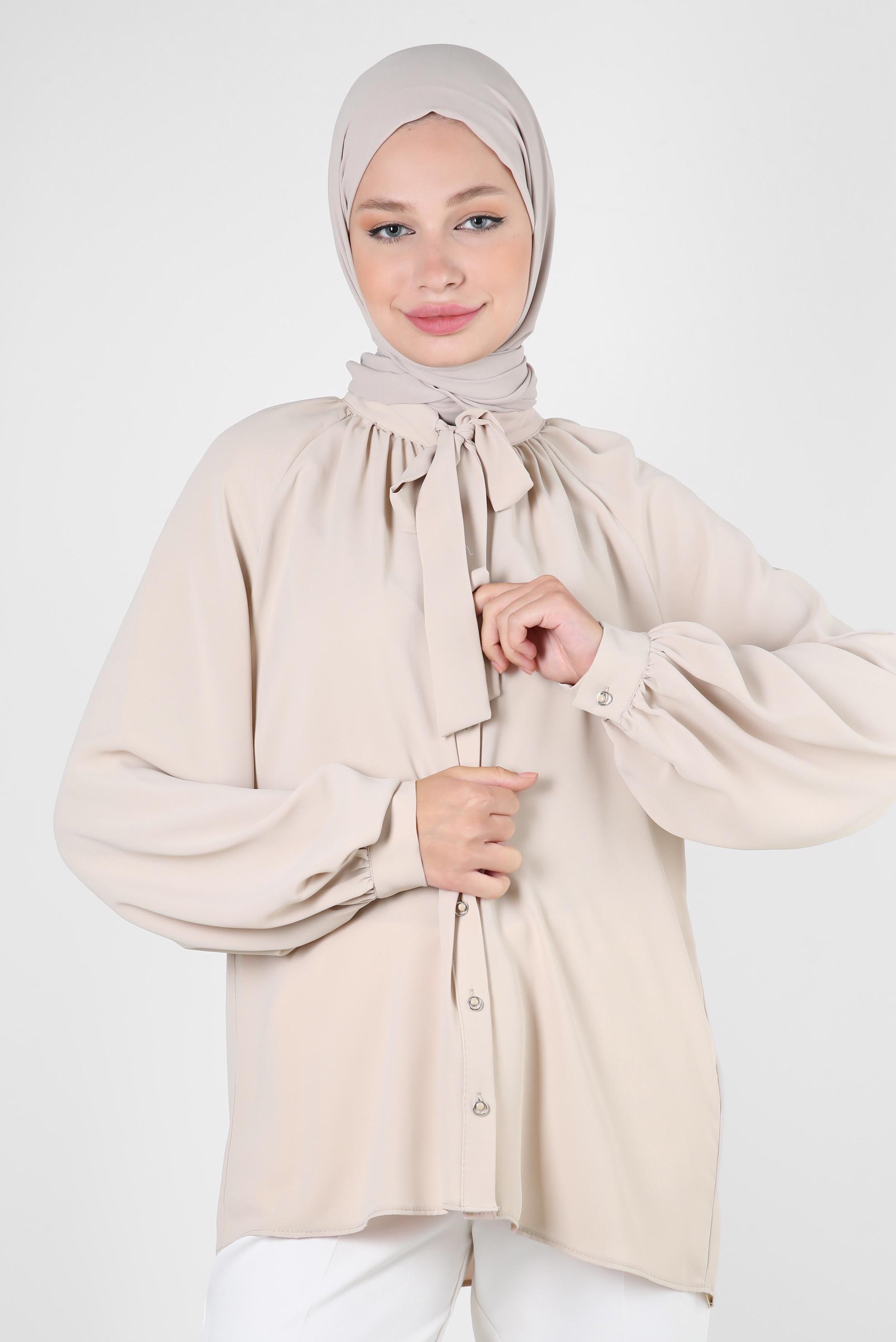 Vêtements hijab BEIGE BLOUSE À COL NOUÉ 43869