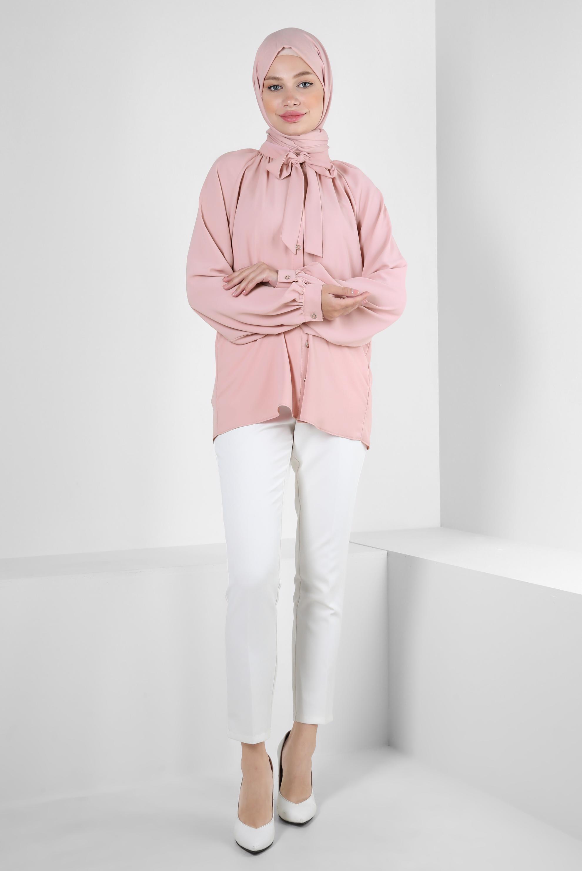 Tesettür giyim PUDRA YAKASI BAĞLAMA DETAYLI BLUZ 43869