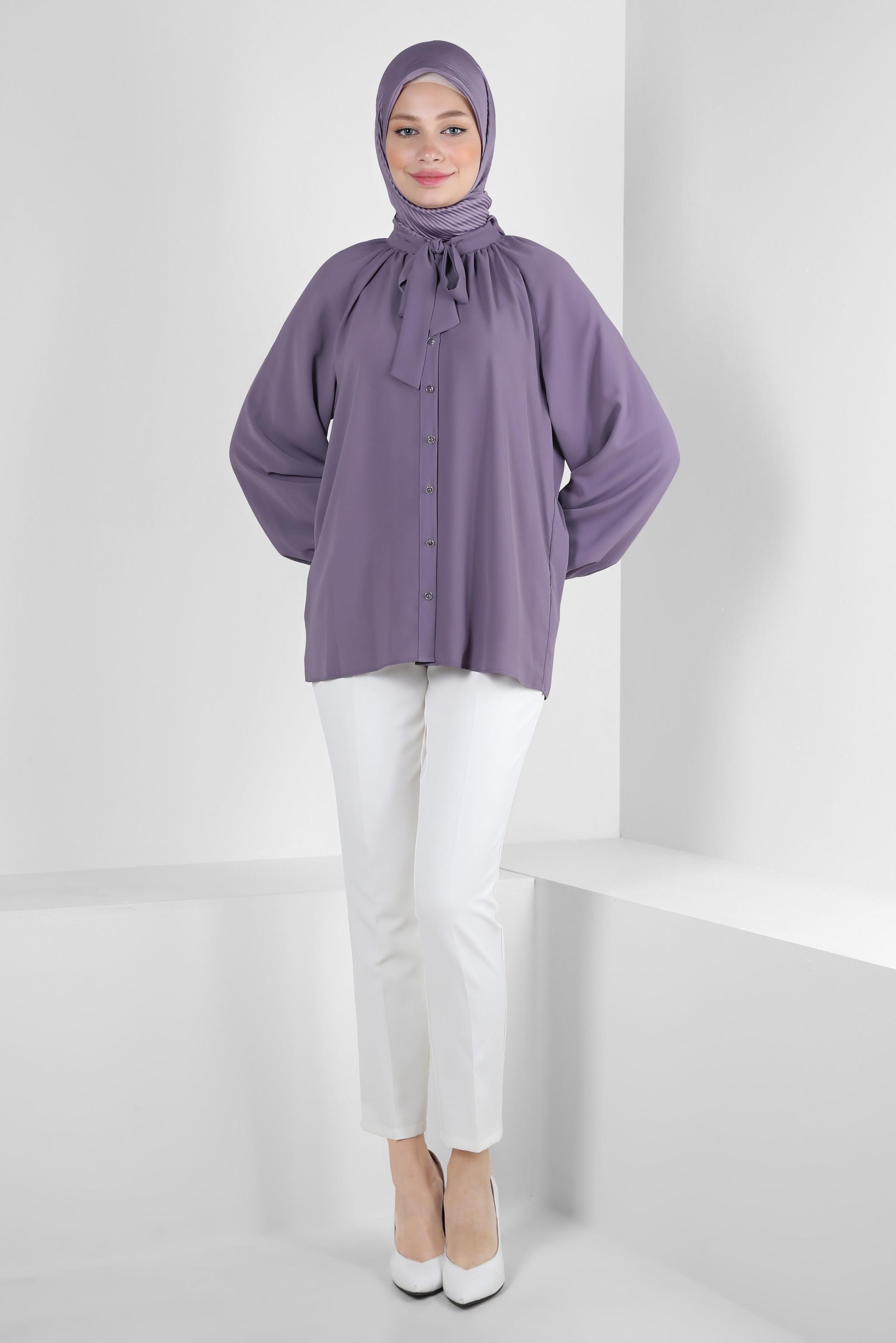 Vêtements hijab POURPRE BLOUSE À COL NOUÉ 43869