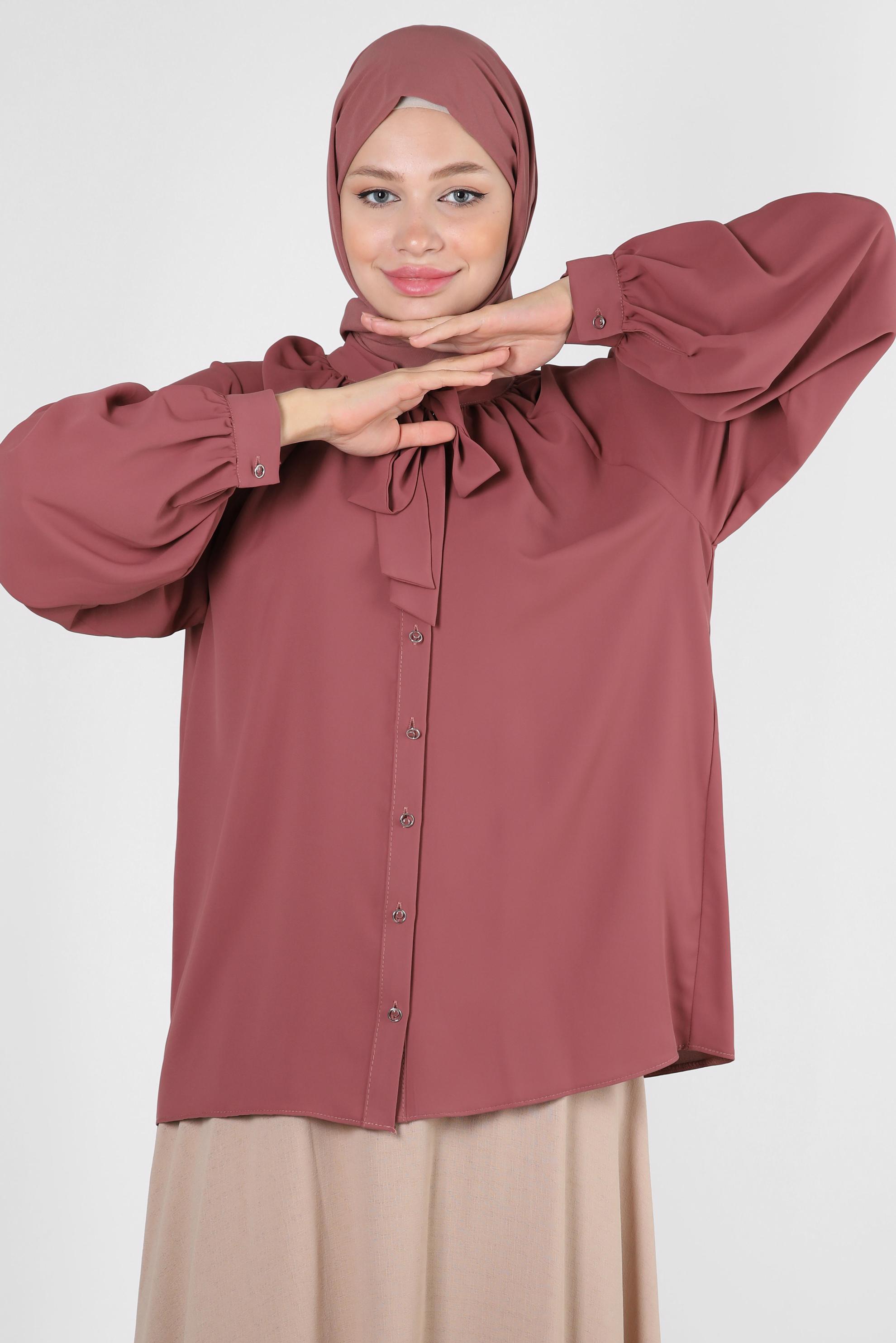 Tesettür giyim PEMBE YAKASI BAĞLAMA DETAYLI BLUZ 43869