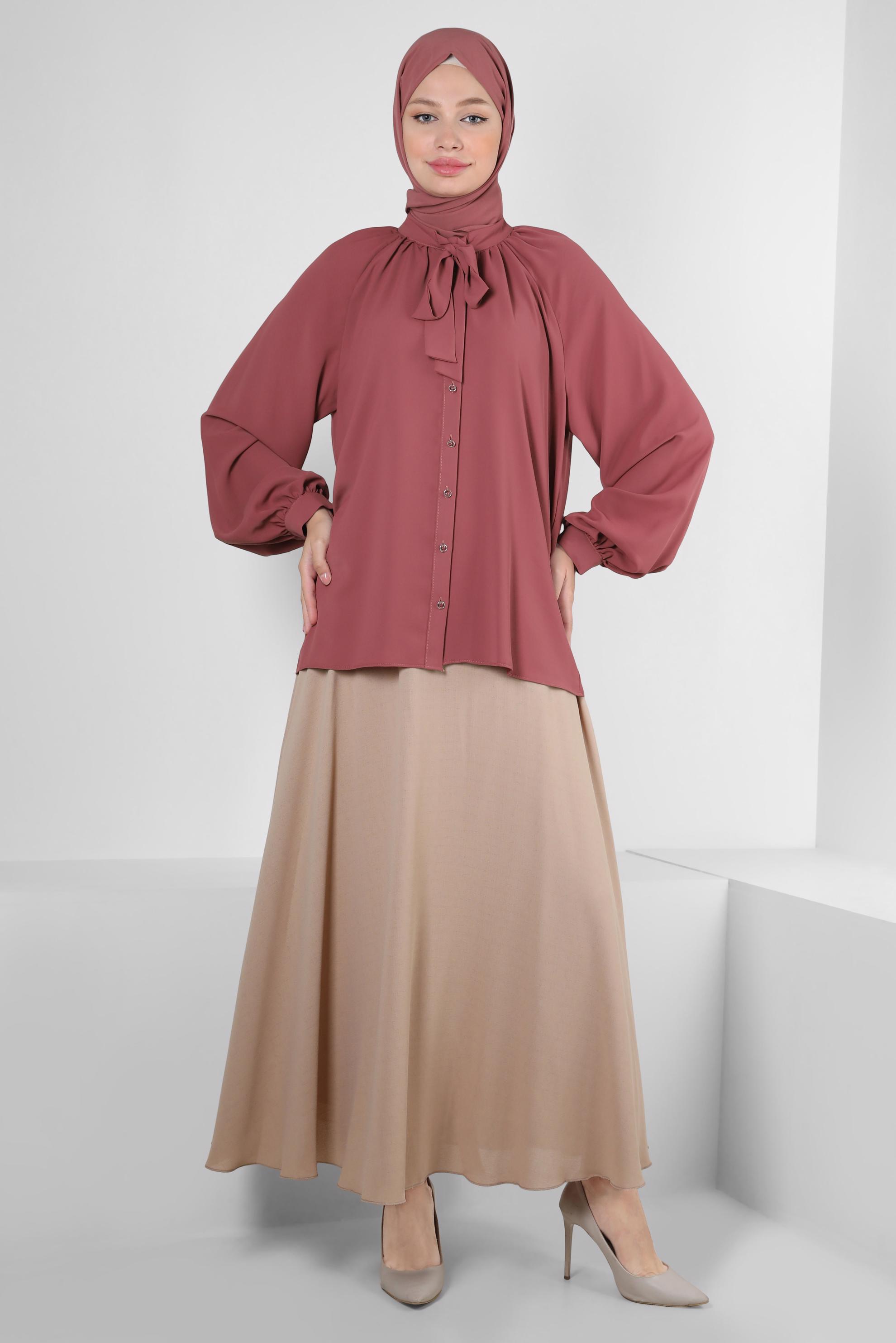 Tesettür giyim PEMBE YAKASI BAĞLAMA DETAYLI BLUZ 43869