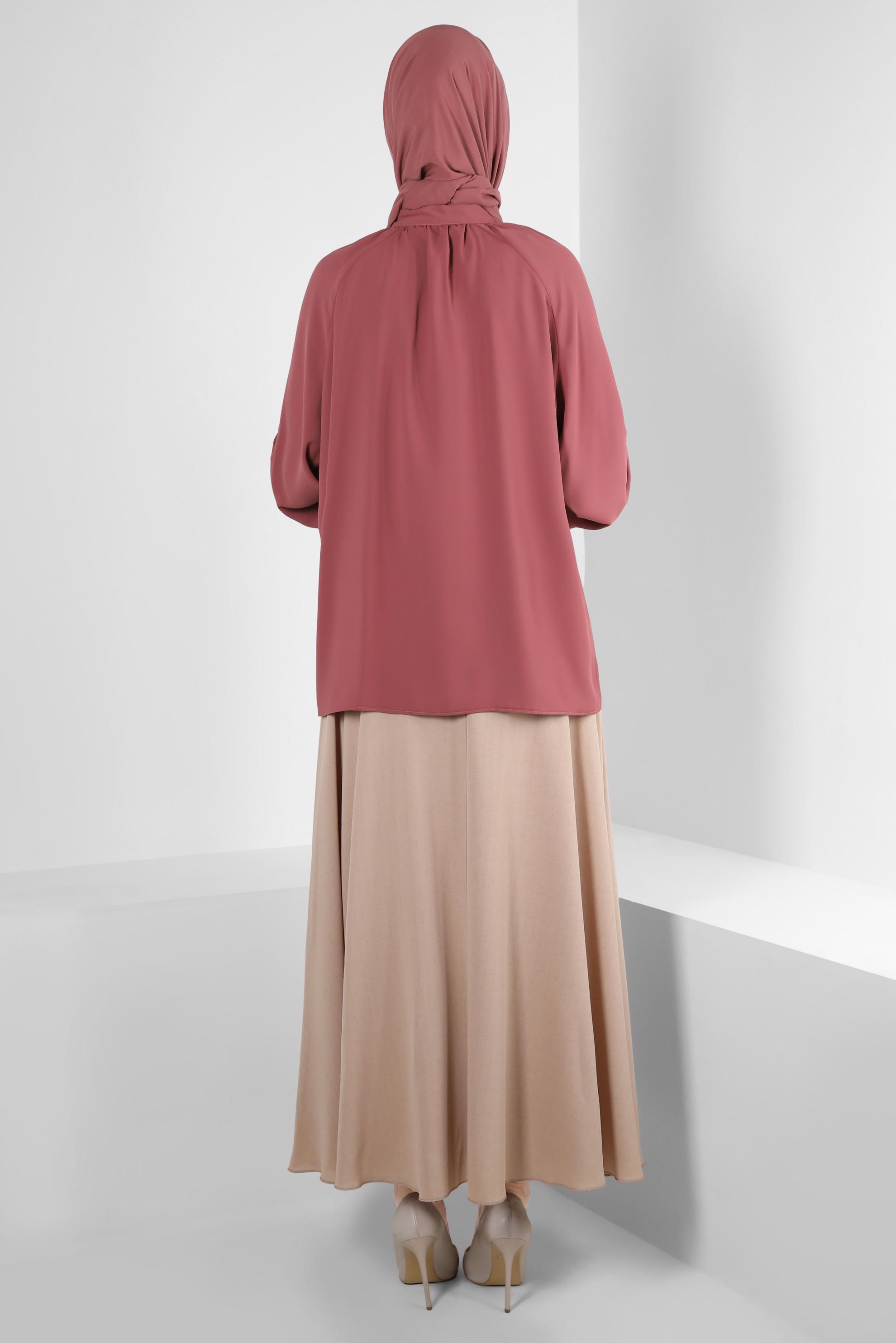 Tesettür giyim PEMBE YAKASI BAĞLAMA DETAYLI BLUZ 43869