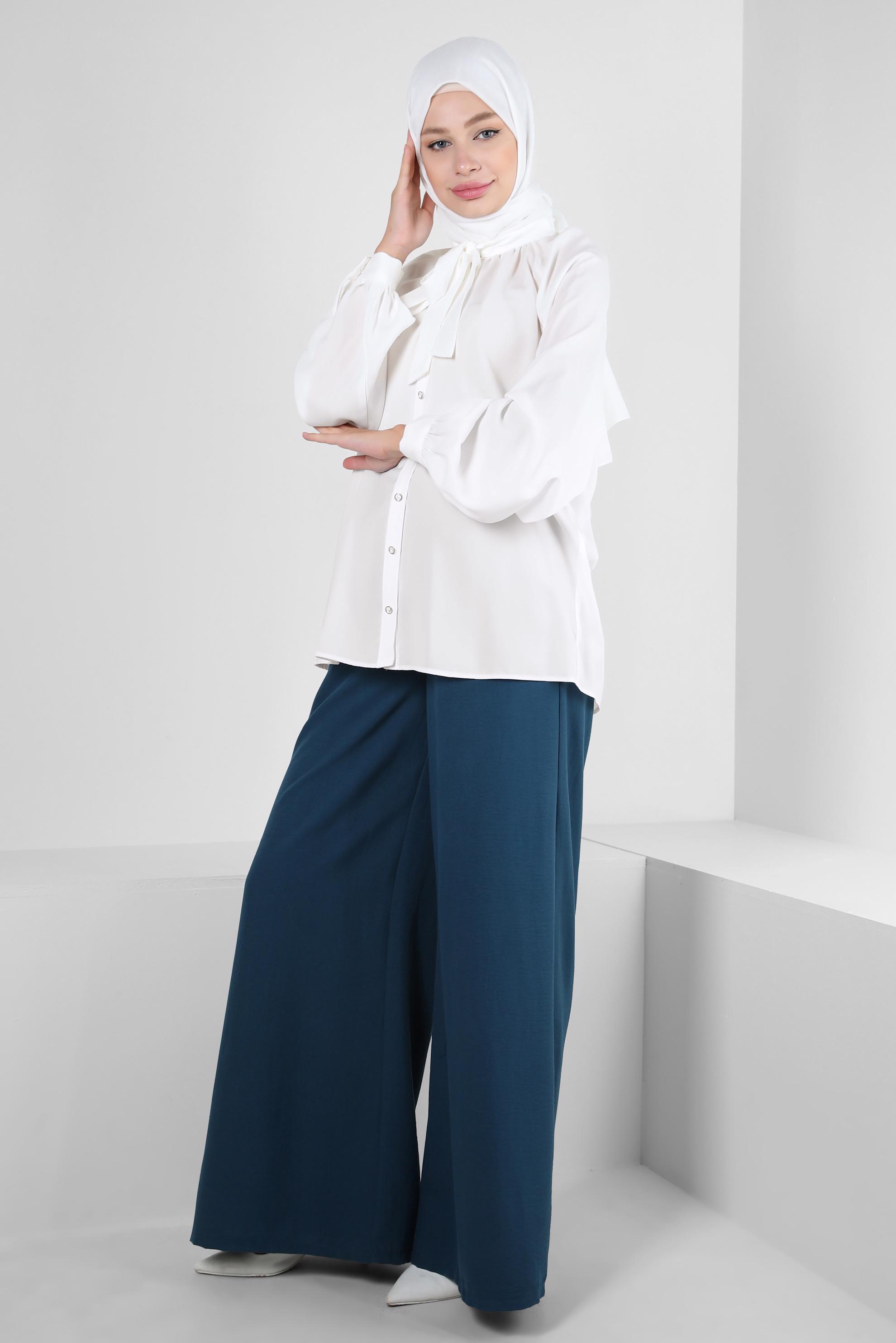 Tesettür giyim BEYAZ YAKASI BAĞLAMA DETAYLI BLUZ 43869