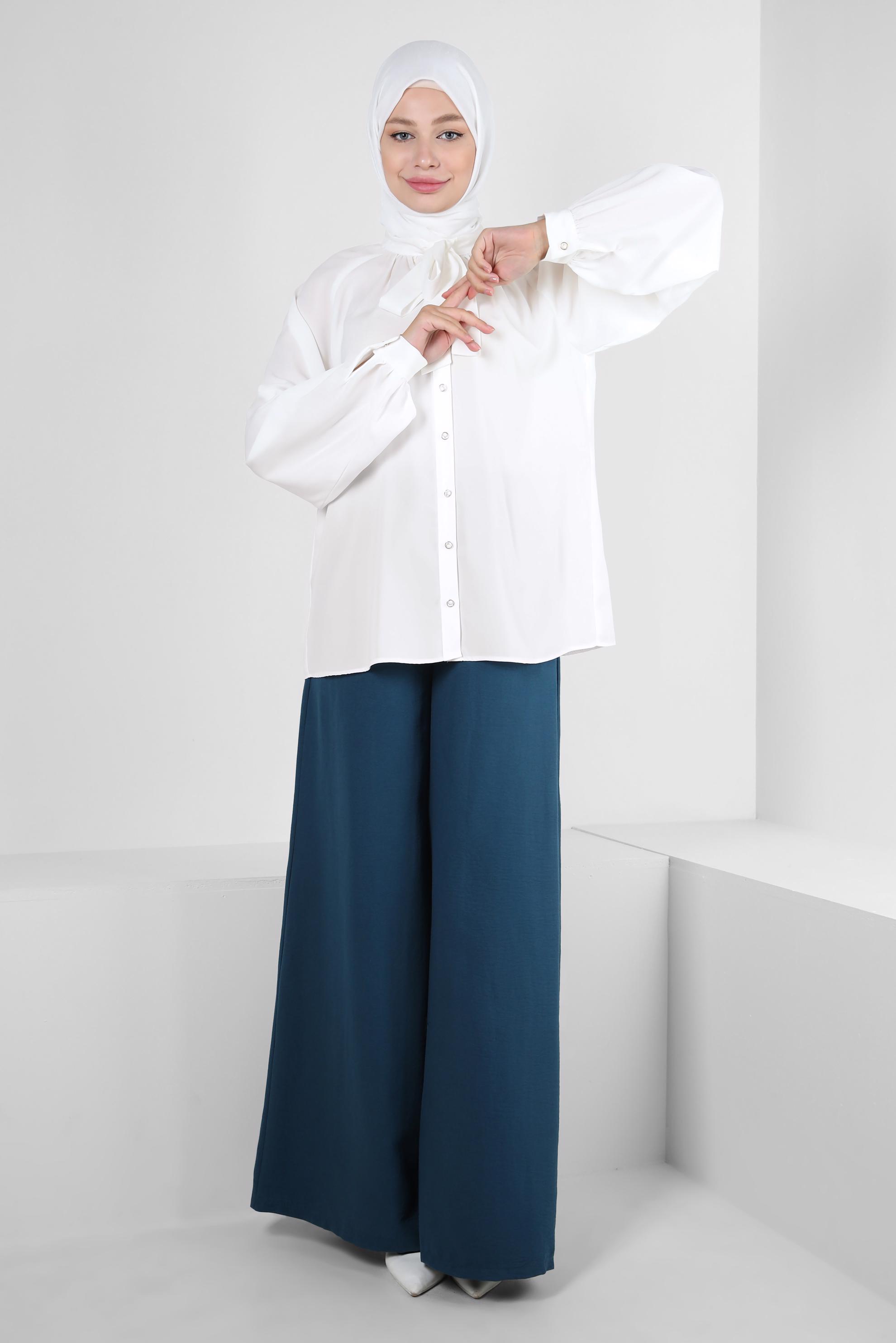 Tesettür giyim BEYAZ YAKASI BAĞLAMA DETAYLI BLUZ 43869