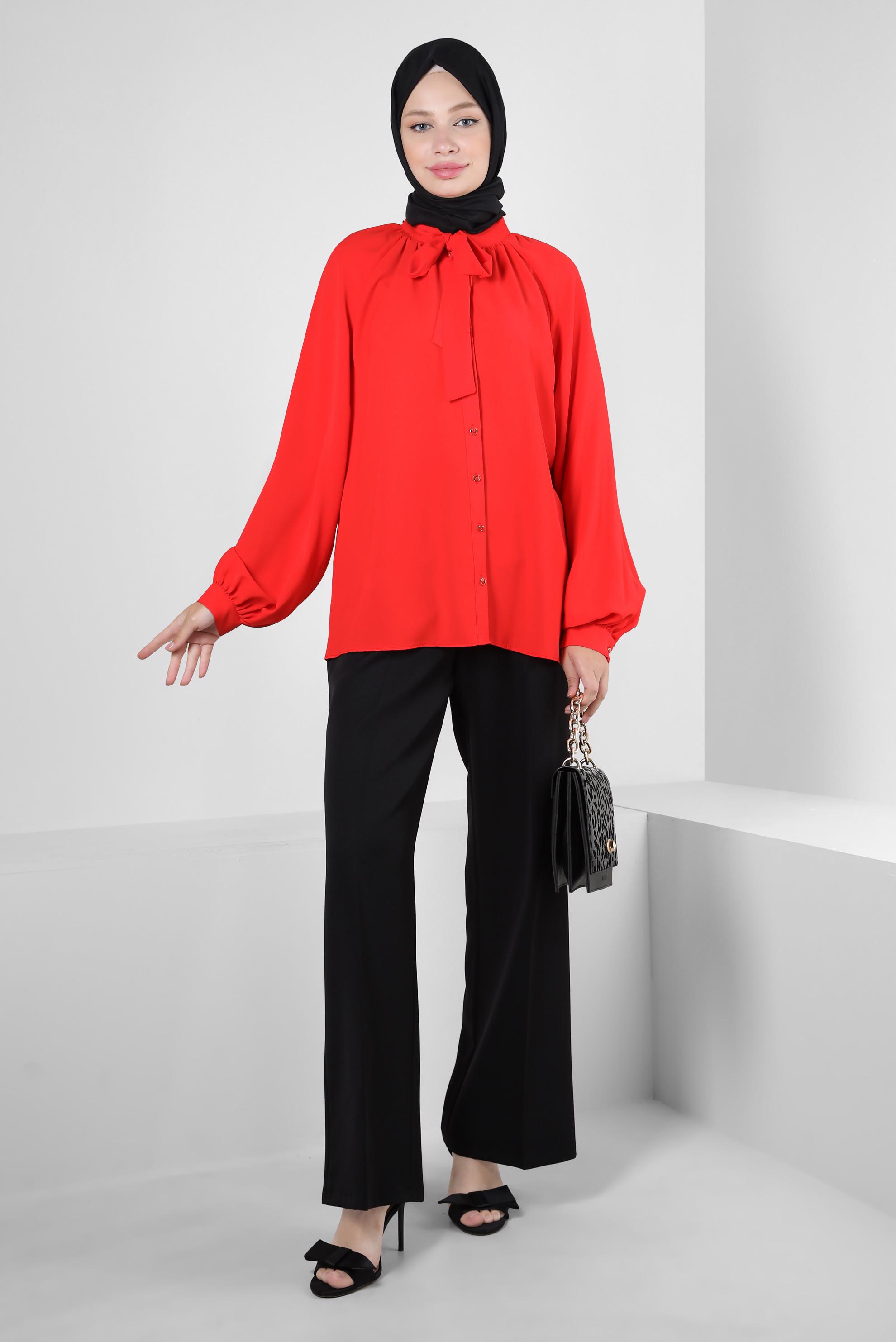 Vêtements hijab ROUGE BLOUSE À COL NOUÉ 43869