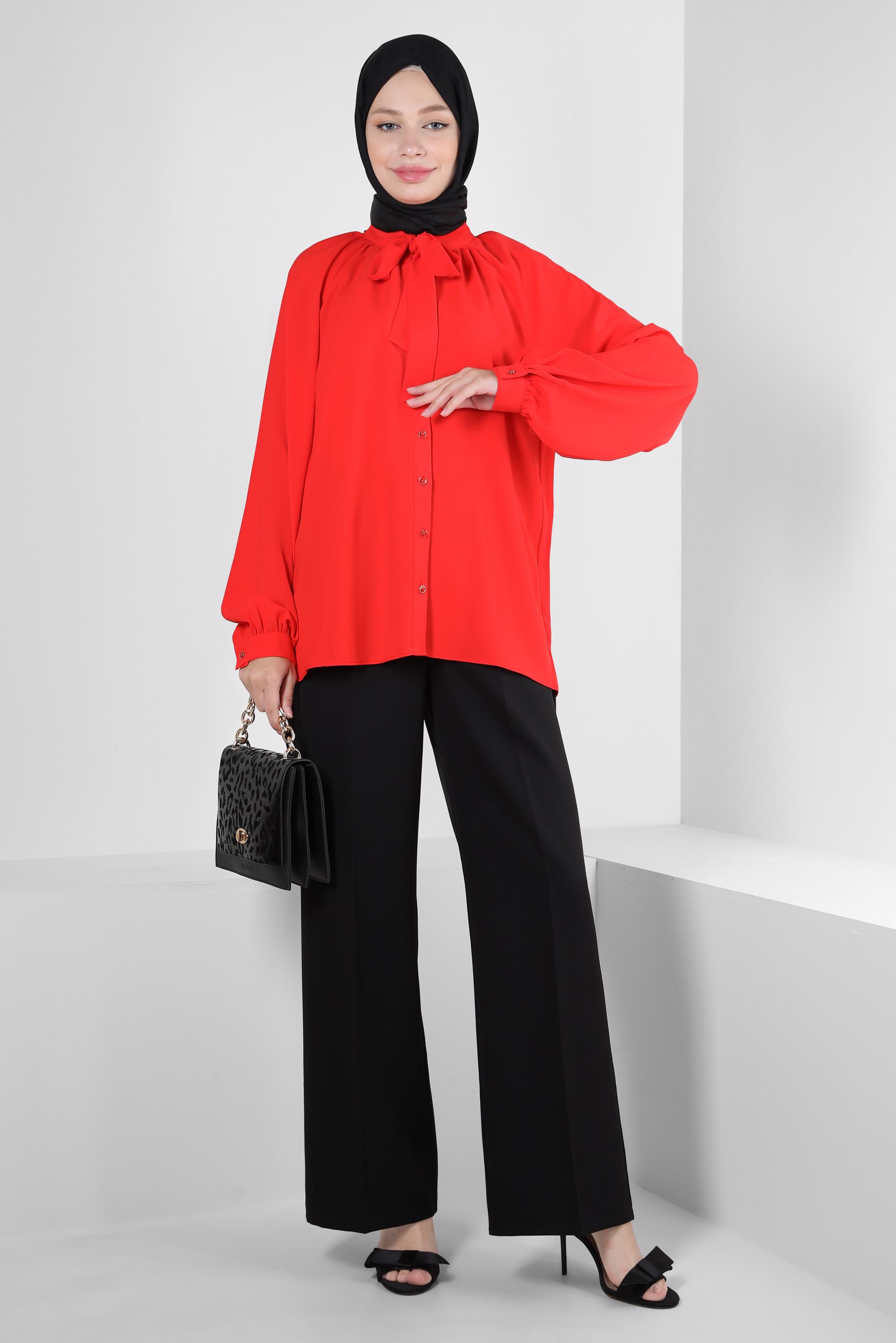 Vêtements hijab ROUGE BLOUSE À COL NOUÉ 43869