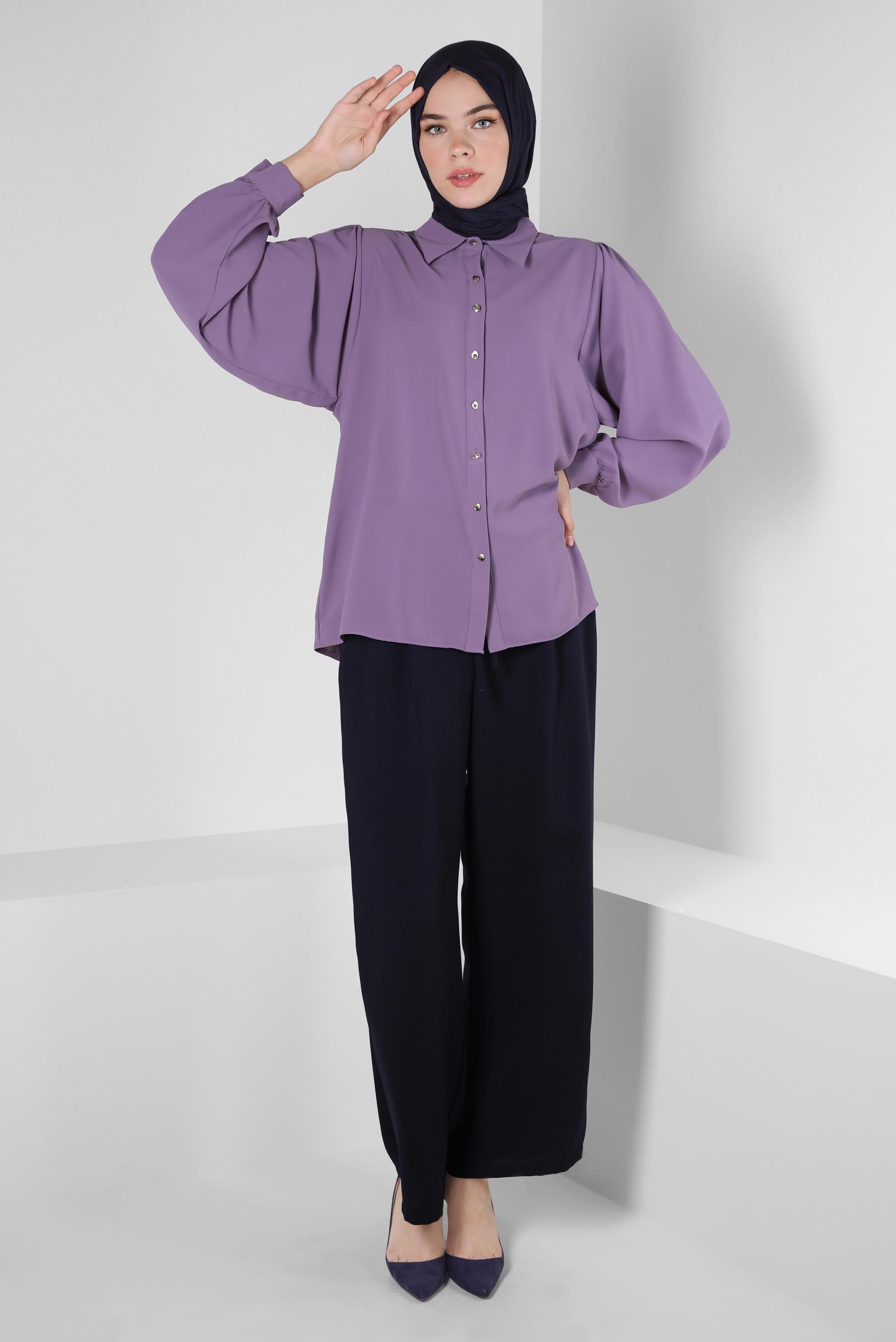Tesettür giyim MOR BALON KOL DÜĞMELİ BLUZ 43870
