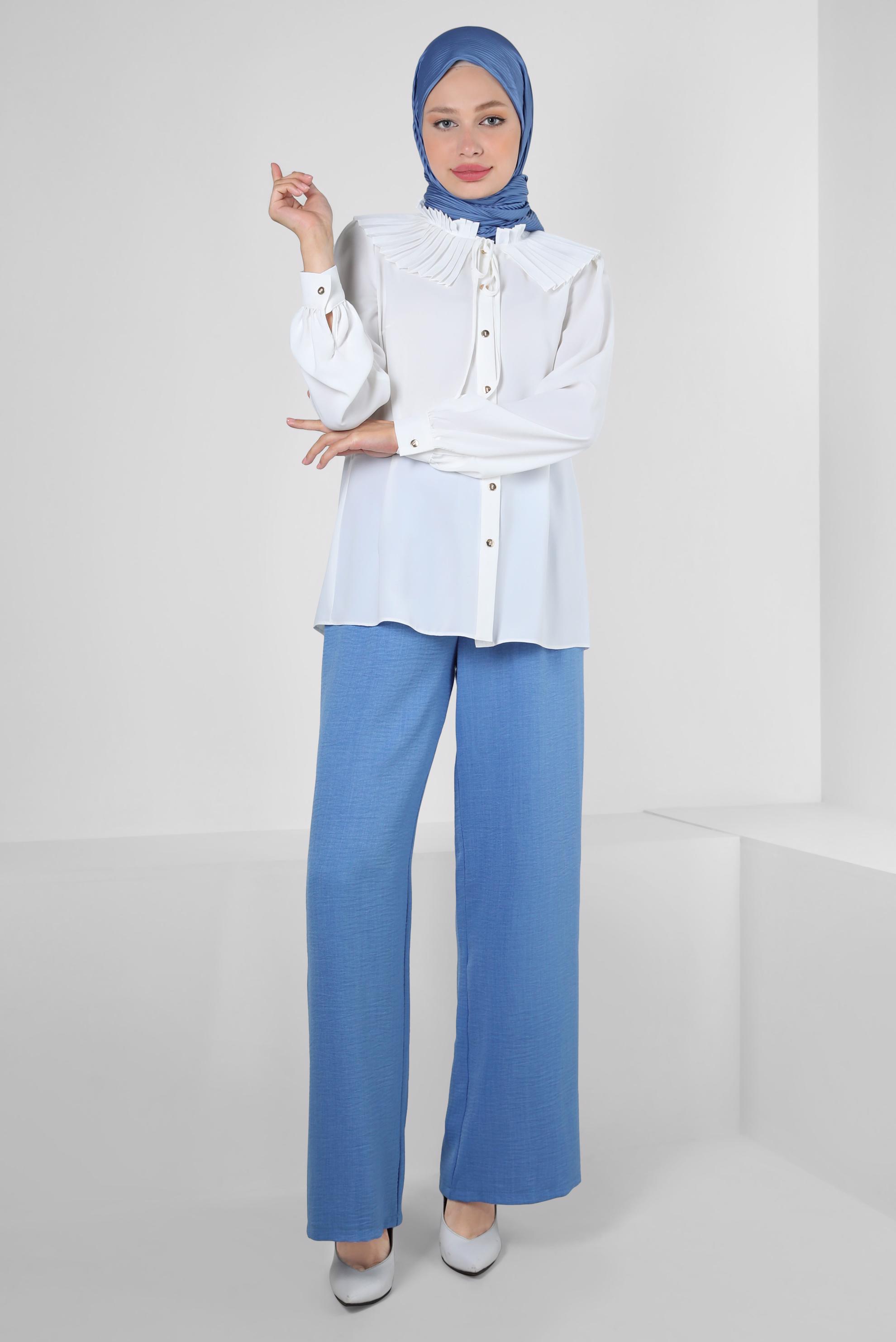 Tesettür giyim BEYAZ PİLİSE DETAYLI DÜĞMELİ BLUZ 43897