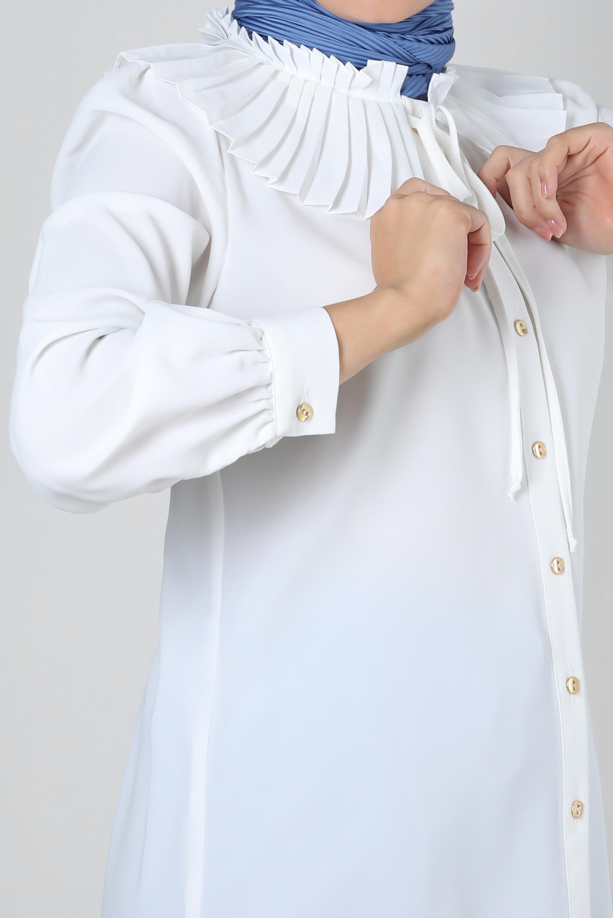 Tesettür giyim BEYAZ PİLİSE DETAYLI DÜĞMELİ BLUZ 43897