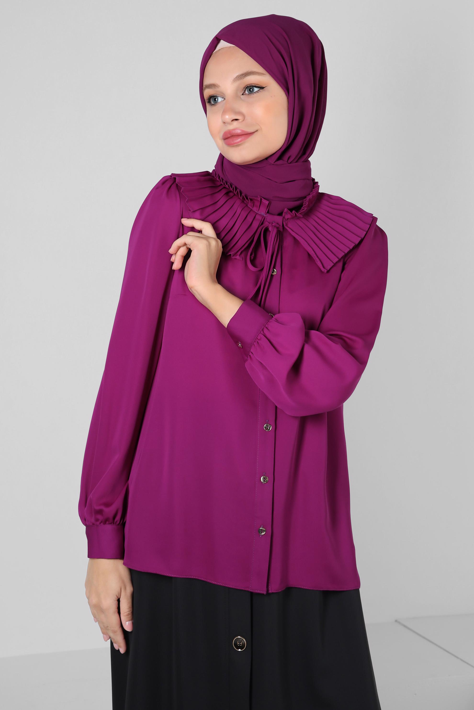 Tesettür giyim MOR PİLİSE DETAYLI DÜĞMELİ BLUZ 43897