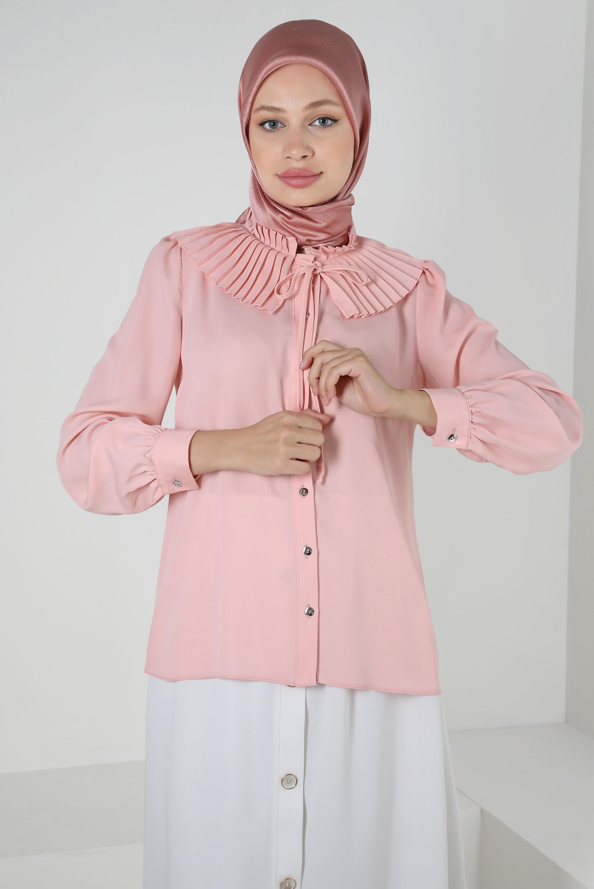 Tesettür giyim PEMBE PİLİSE DETAYLI DÜĞMELİ BLUZ 43897