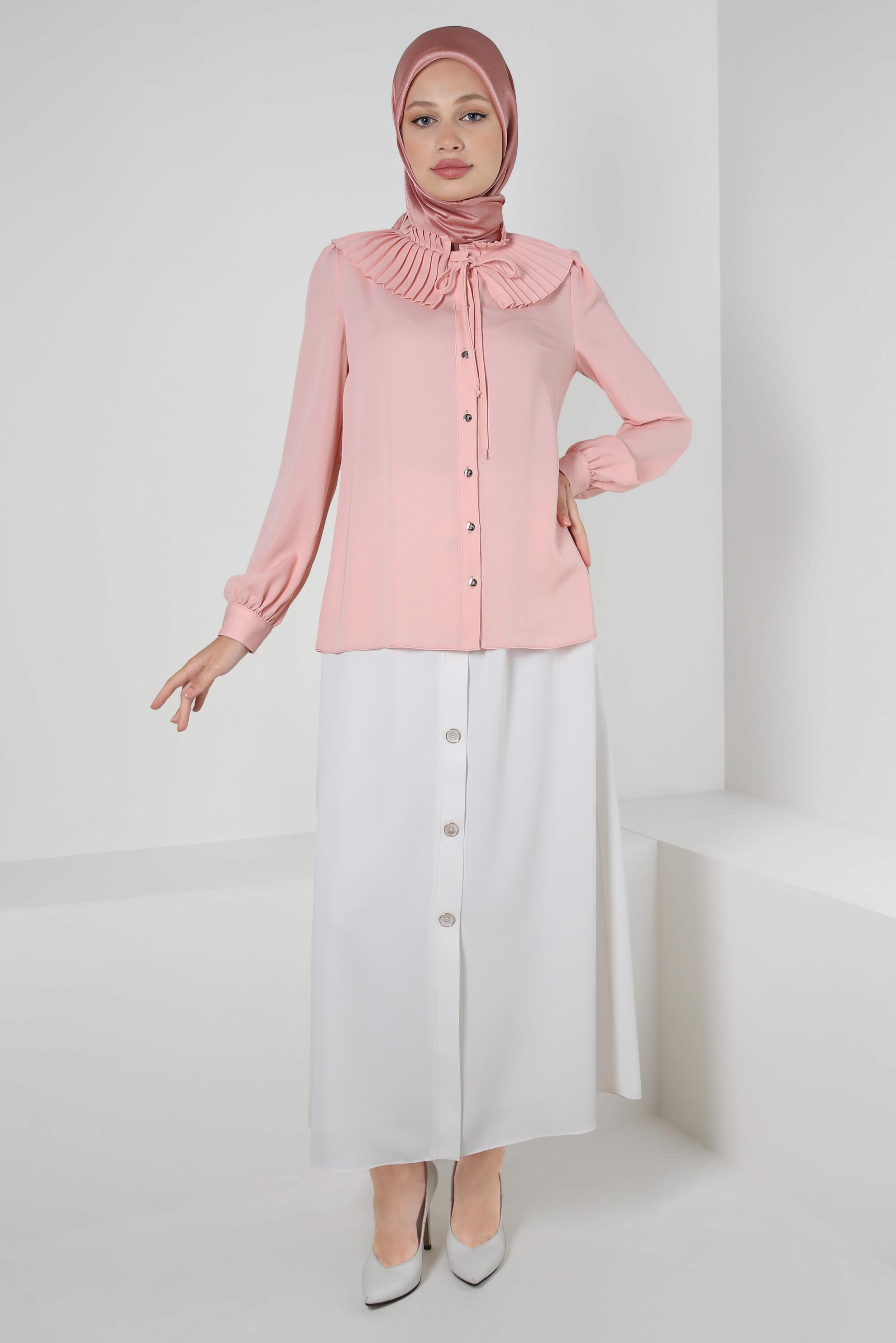 Tesettür giyim PEMBE PİLİSE DETAYLI DÜĞMELİ BLUZ 43897