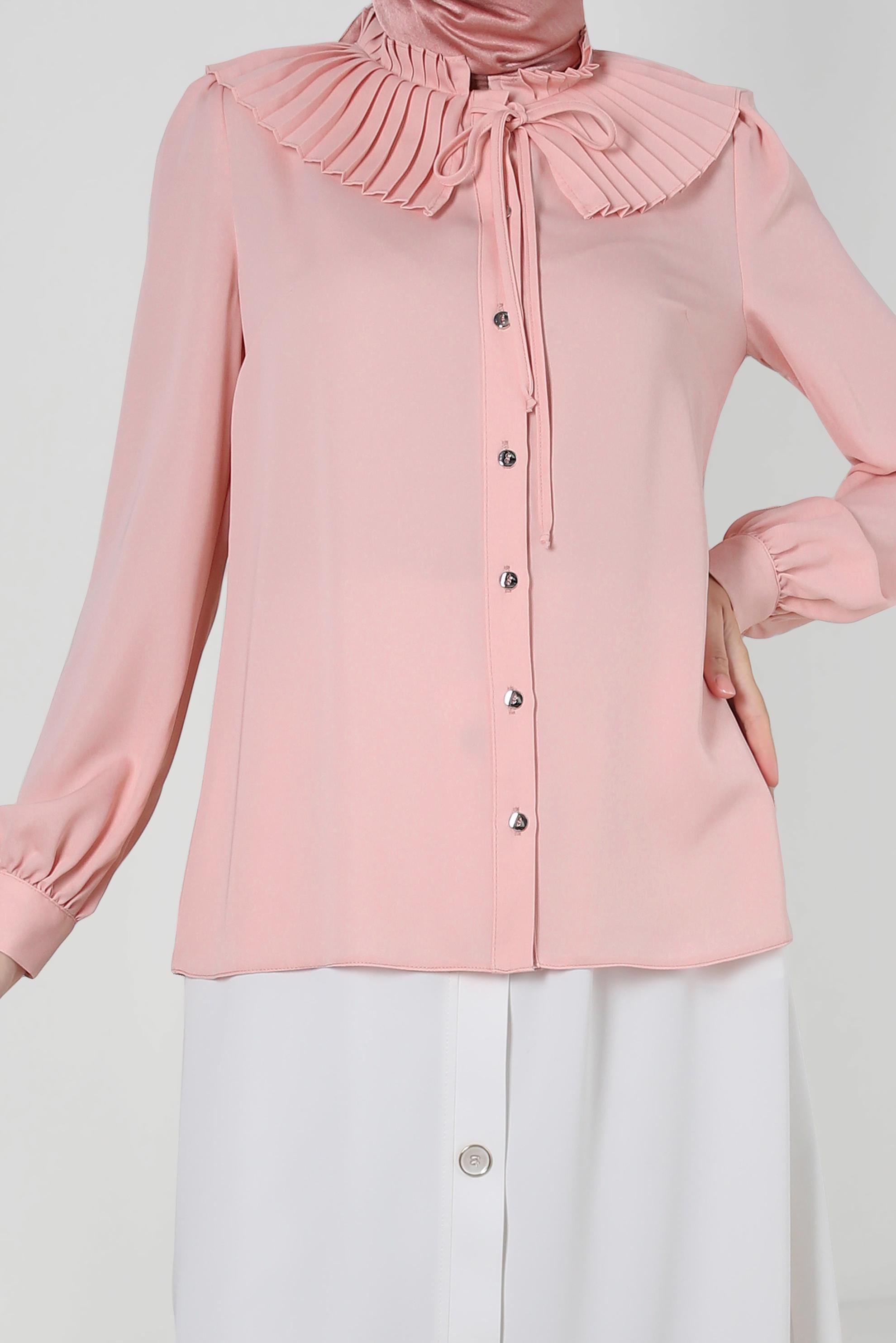Tesettür giyim PEMBE PİLİSE DETAYLI DÜĞMELİ BLUZ 43897