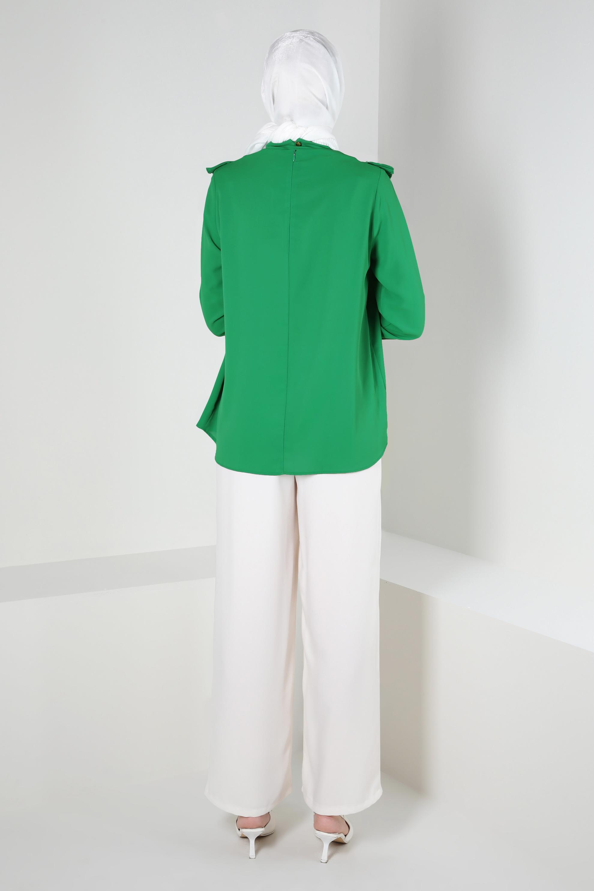 Tesettür giyim YEŞİL PİLİSE DETAYLI BLUZ 43898