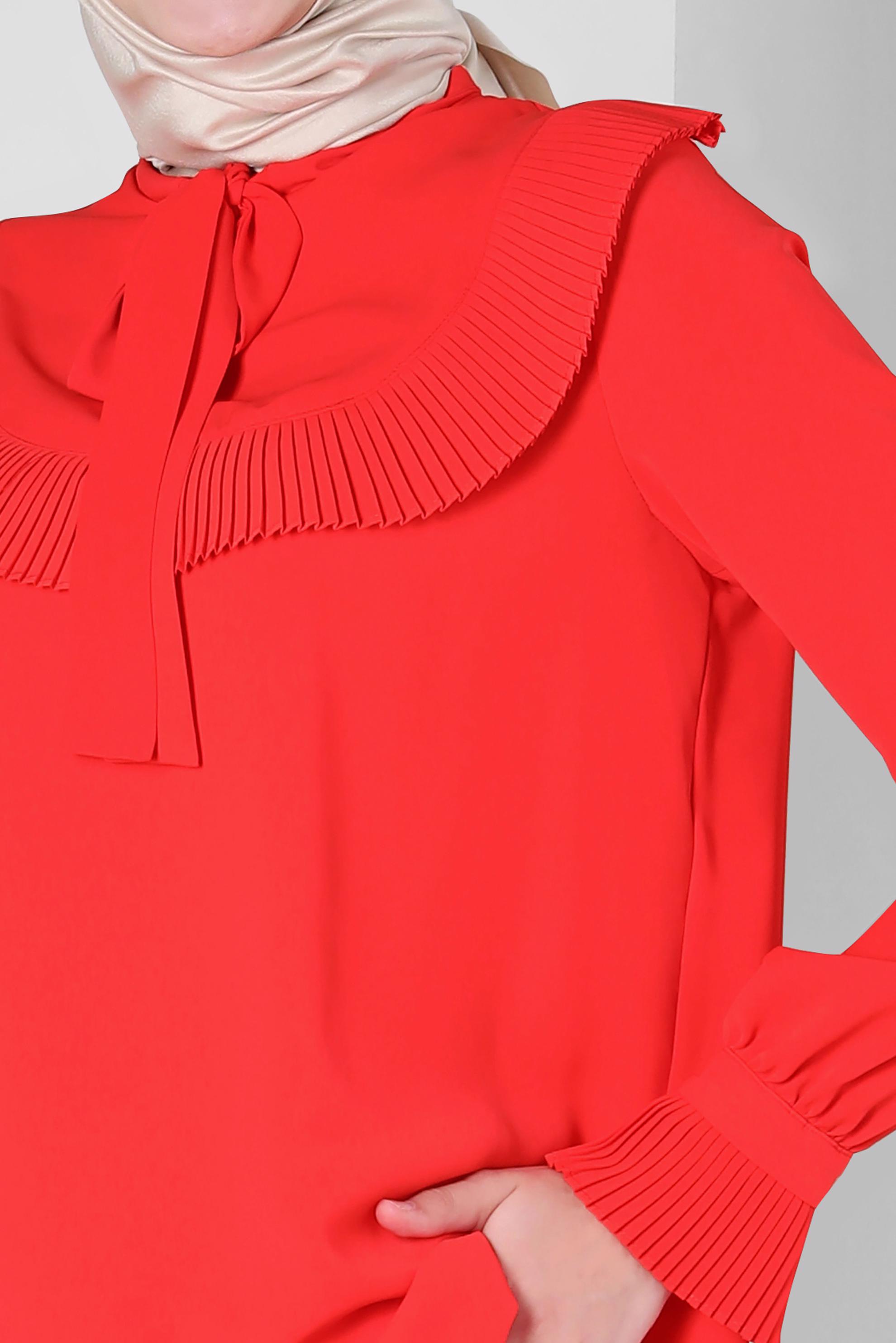 Tesettür giyim KIRMIZI PİLİSE DETAYLI BLUZ 43898