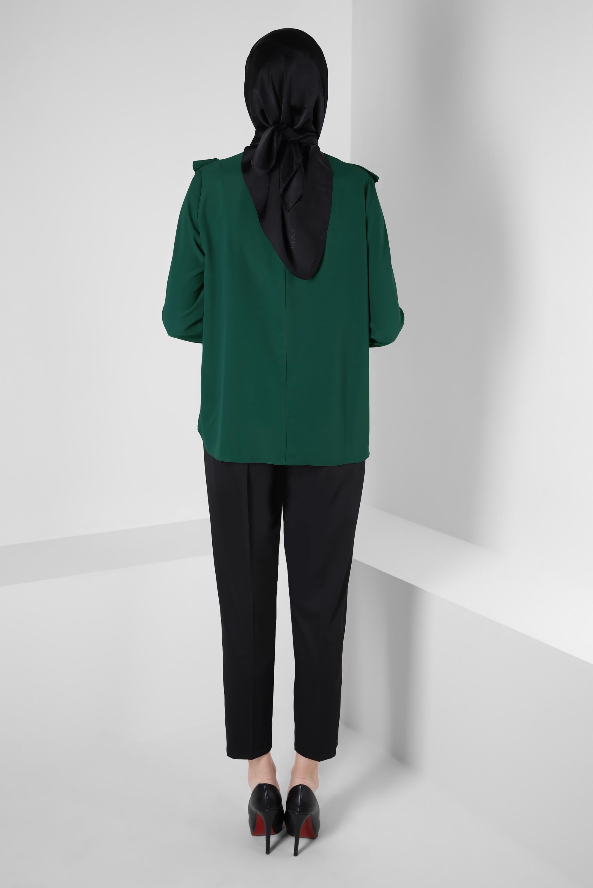 Tesettür giyim YEŞİL PİLİSE DETAYLI BLUZ 43898