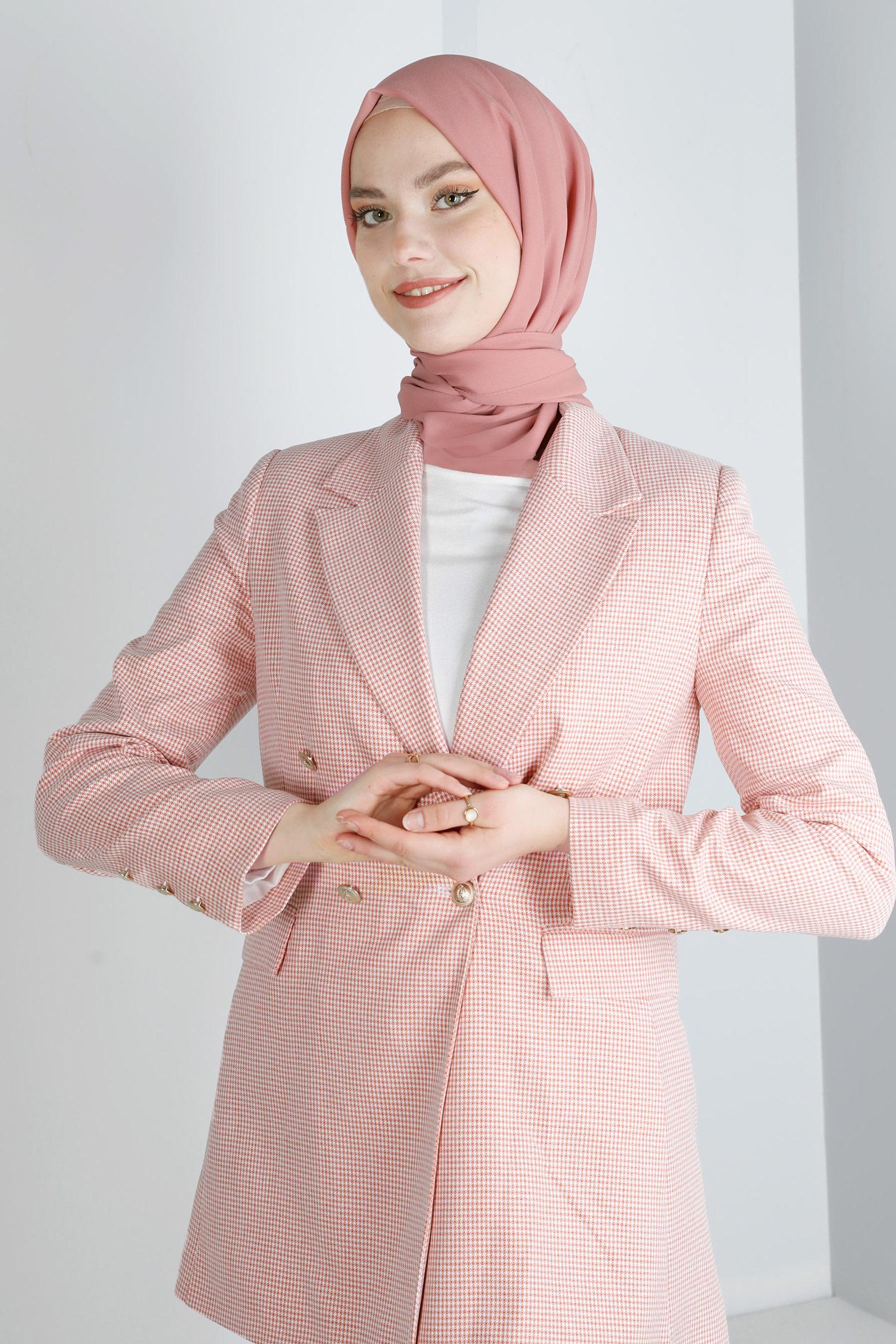 Tesettür giyim TURUNCU PÖTİKARE DESENLİ DÜĞMELİ CEKET 43634