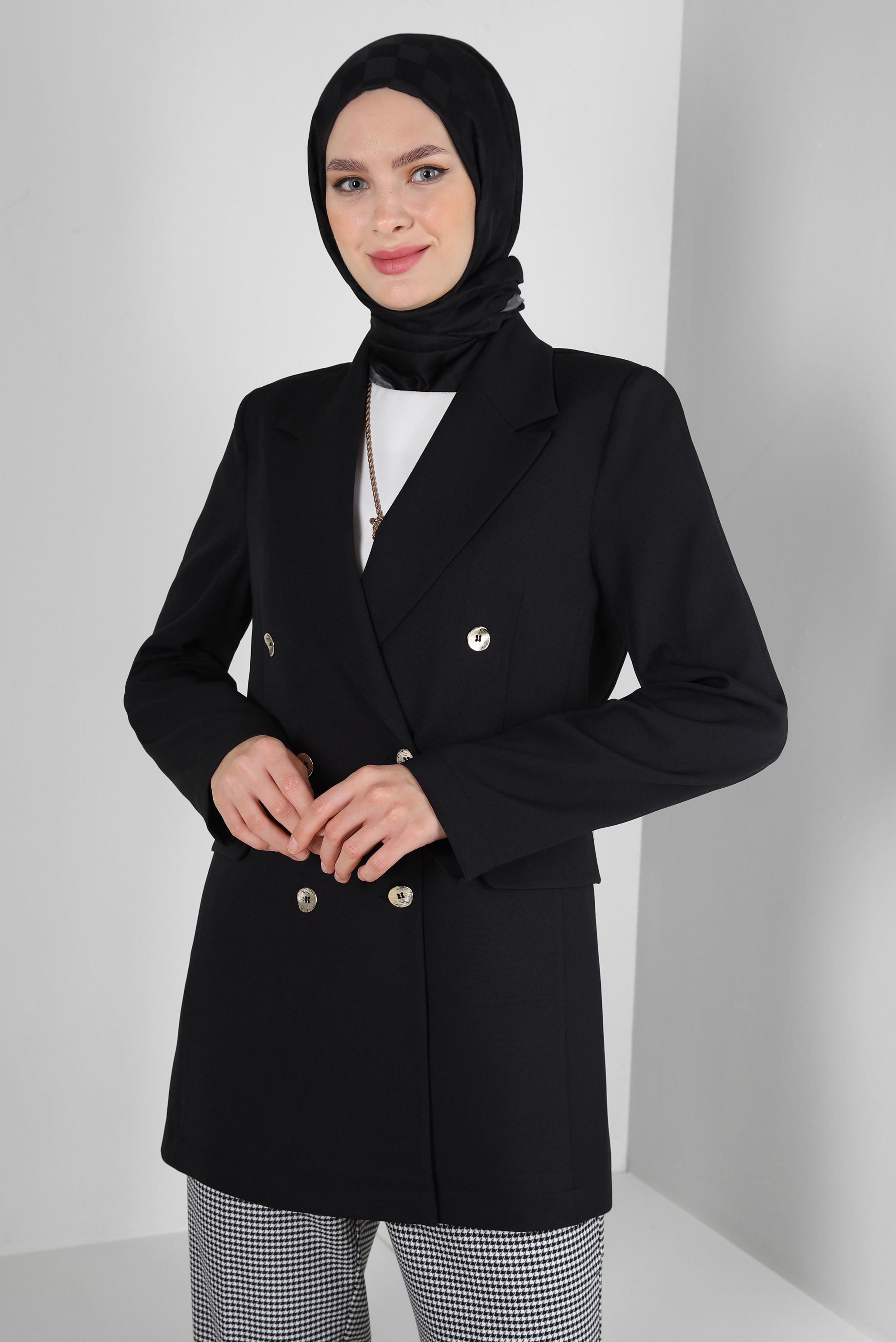 Tesettür giyim SİYAH KRUVAZE YAKA BLAZER CEKET 43848