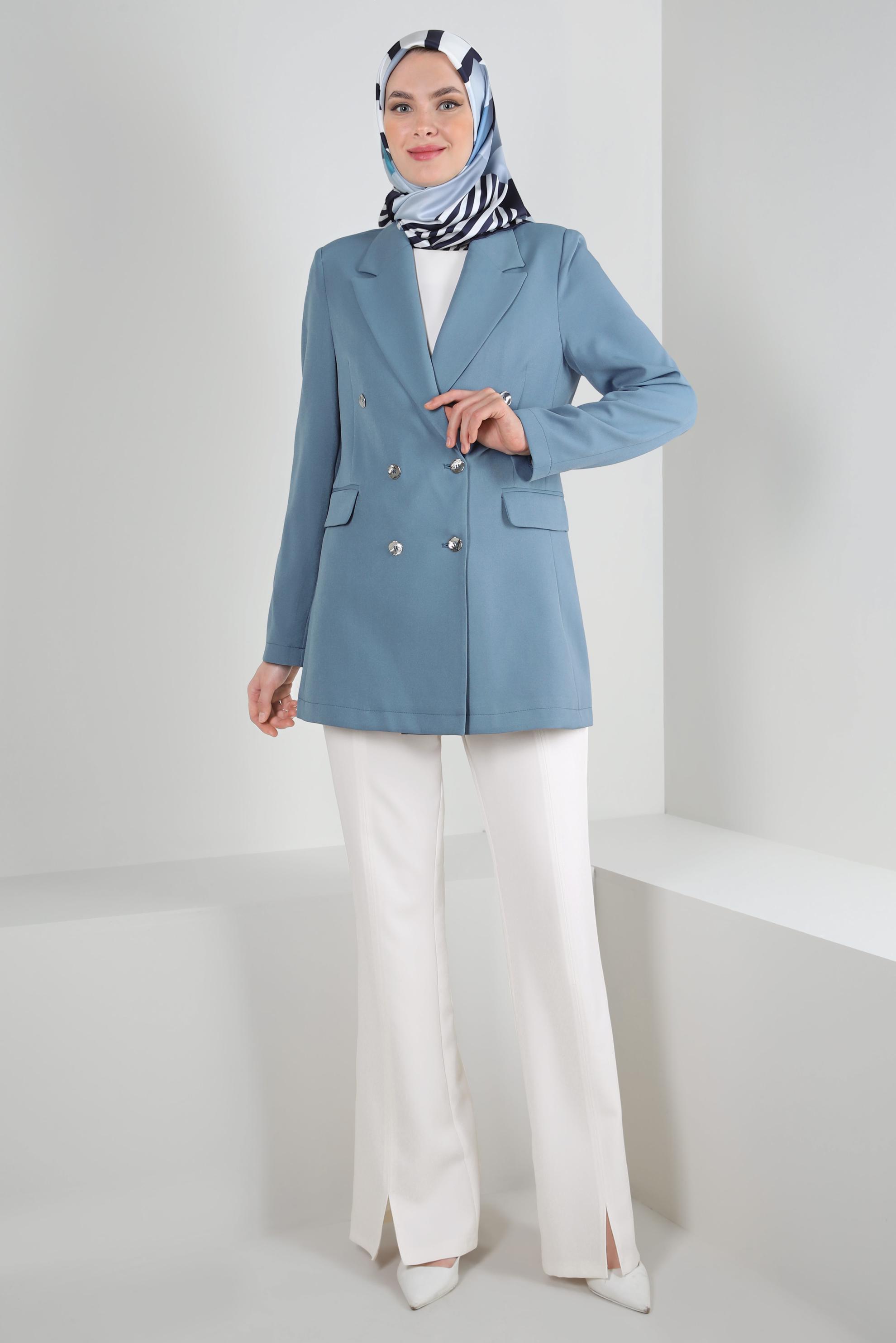 Tesettür giyim MAVİ KRUVAZE YAKA BLAZER CEKET 43848