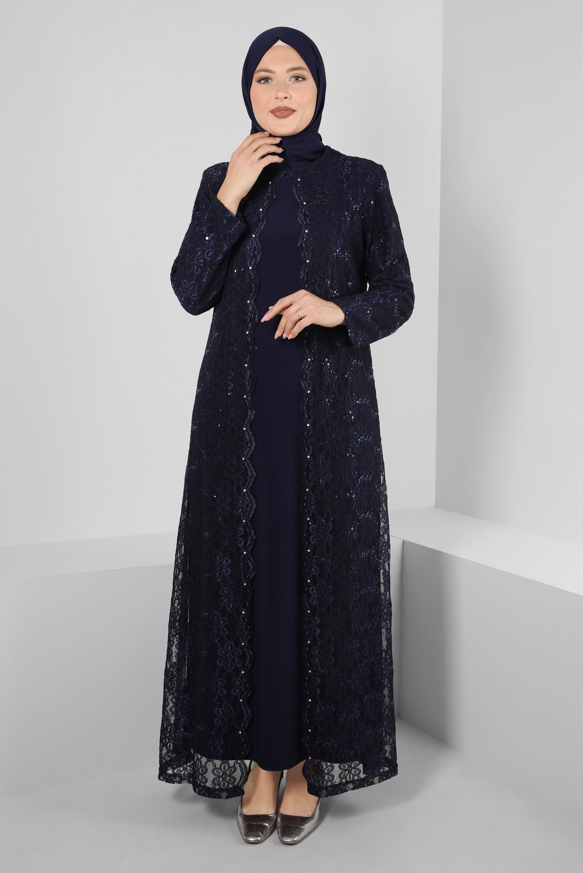 Tesettür giyim LACİVERT PUL PAYET DETAYLI DANTELLİ ELBİSE 20231