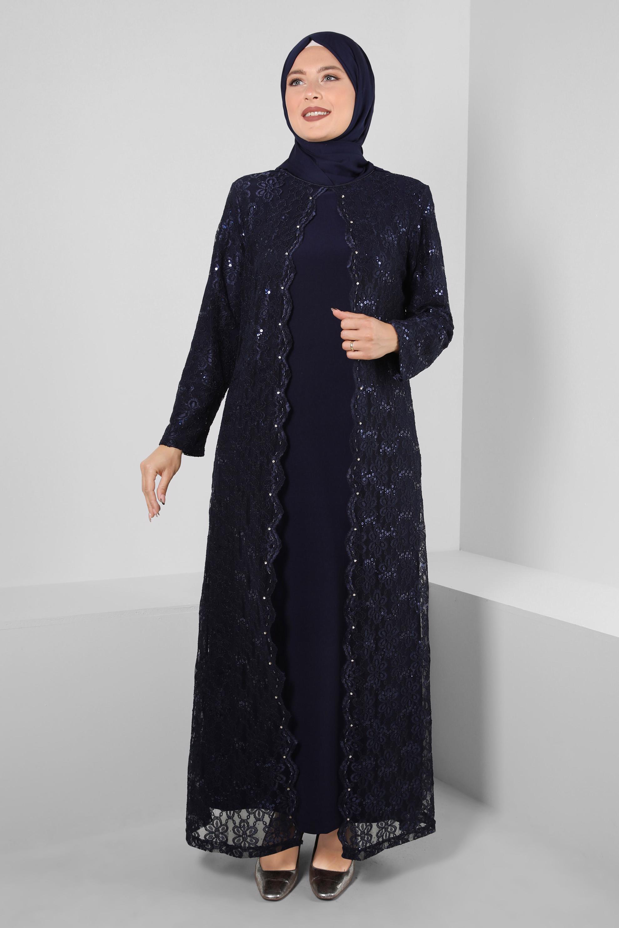 Tesettür giyim LACİVERT PUL PAYET DETAYLI DANTELLİ ELBİSE 20231