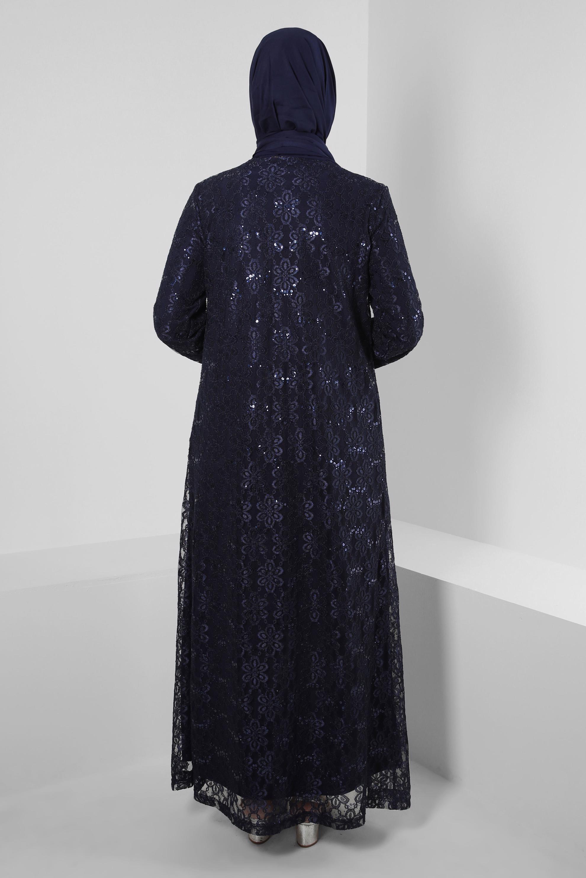 Tesettür giyim LACİVERT PUL PAYET DETAYLI DANTELLİ ELBİSE 20231