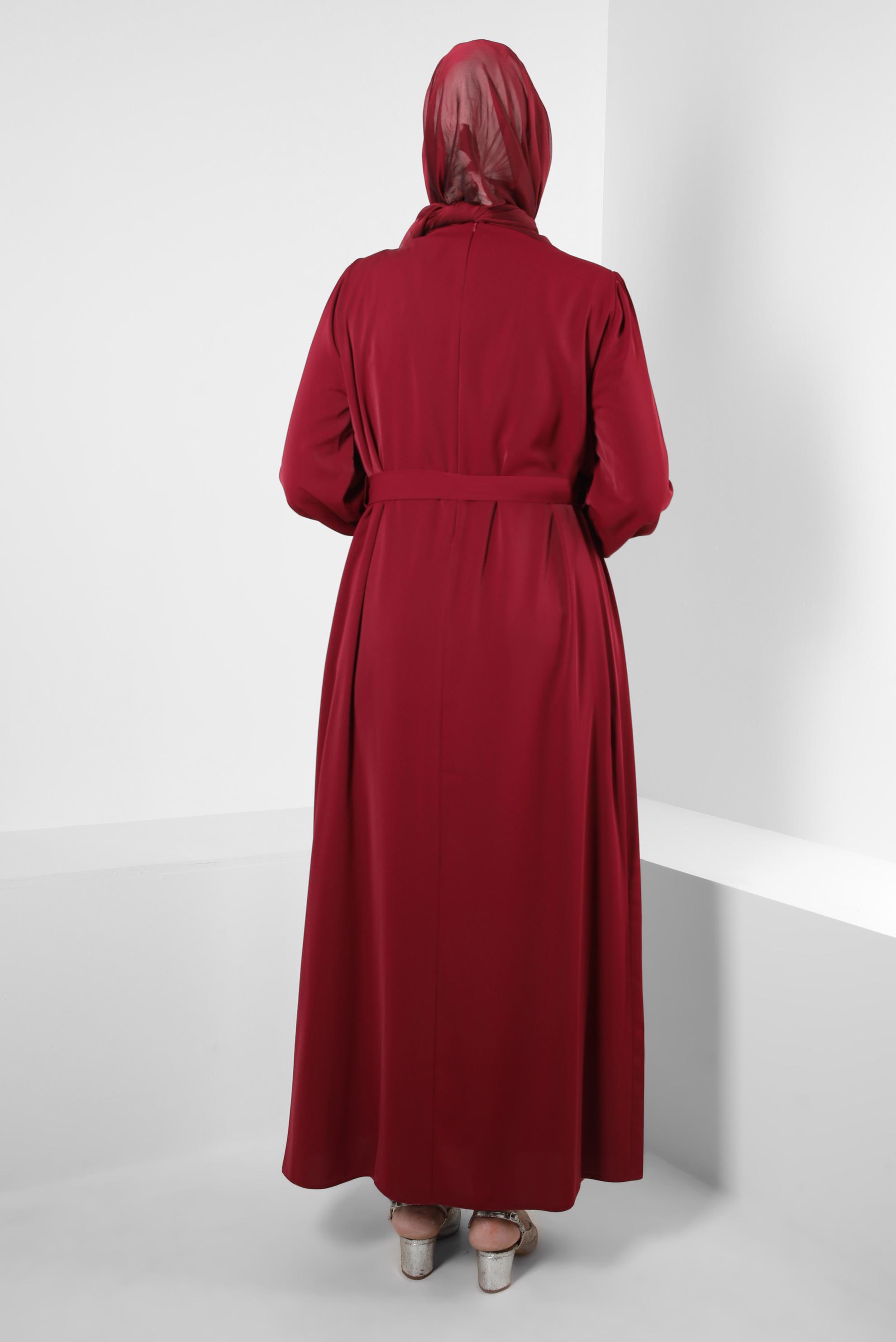 Vêtements hijab ROUGE BORDEAUX ROBE CEINTURÉE BRODÉE DE GEMMES 20356