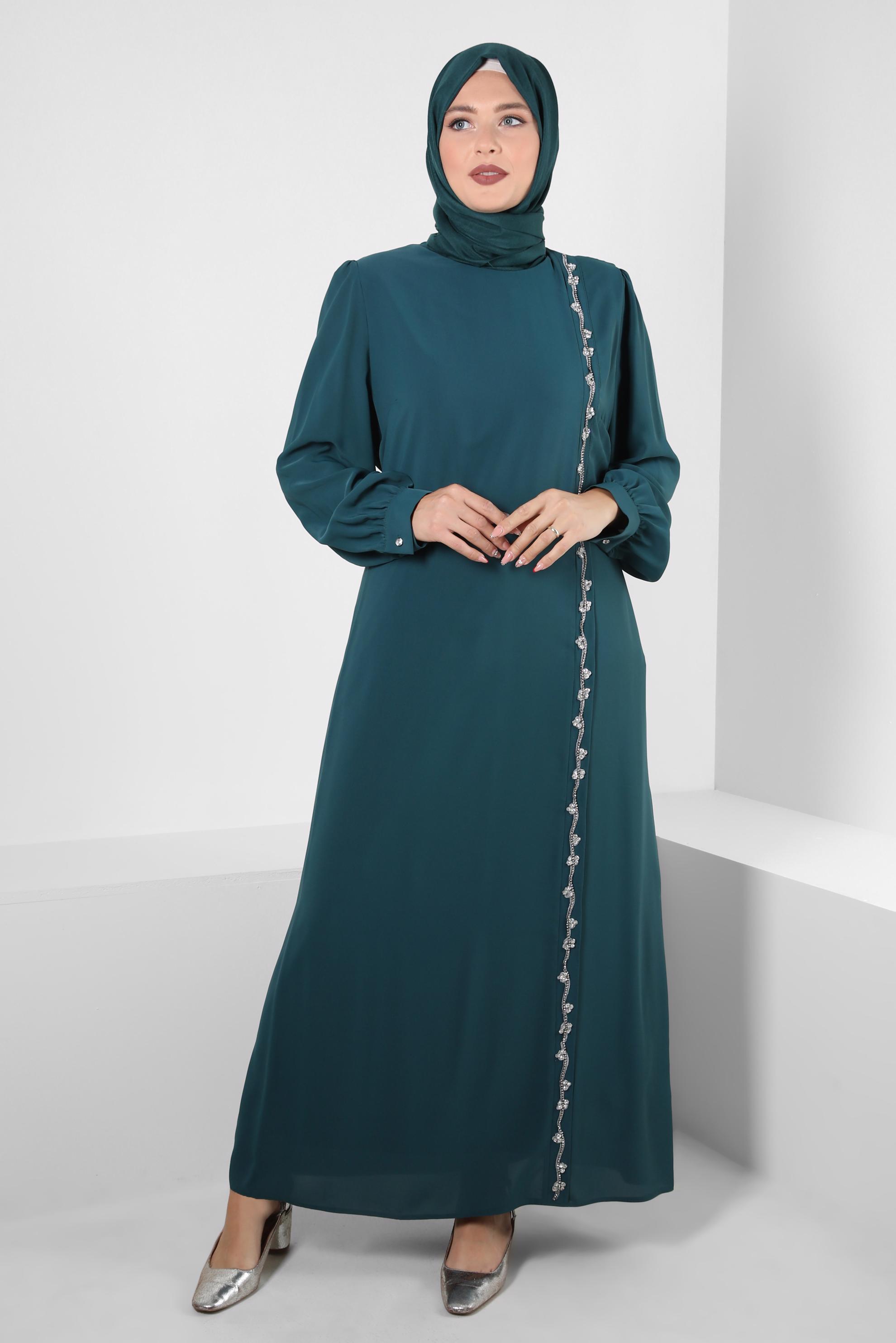 Tesettür giyim YEŞİL TAŞ İŞLEMELİ KUŞAKLI ELBİSE 20356