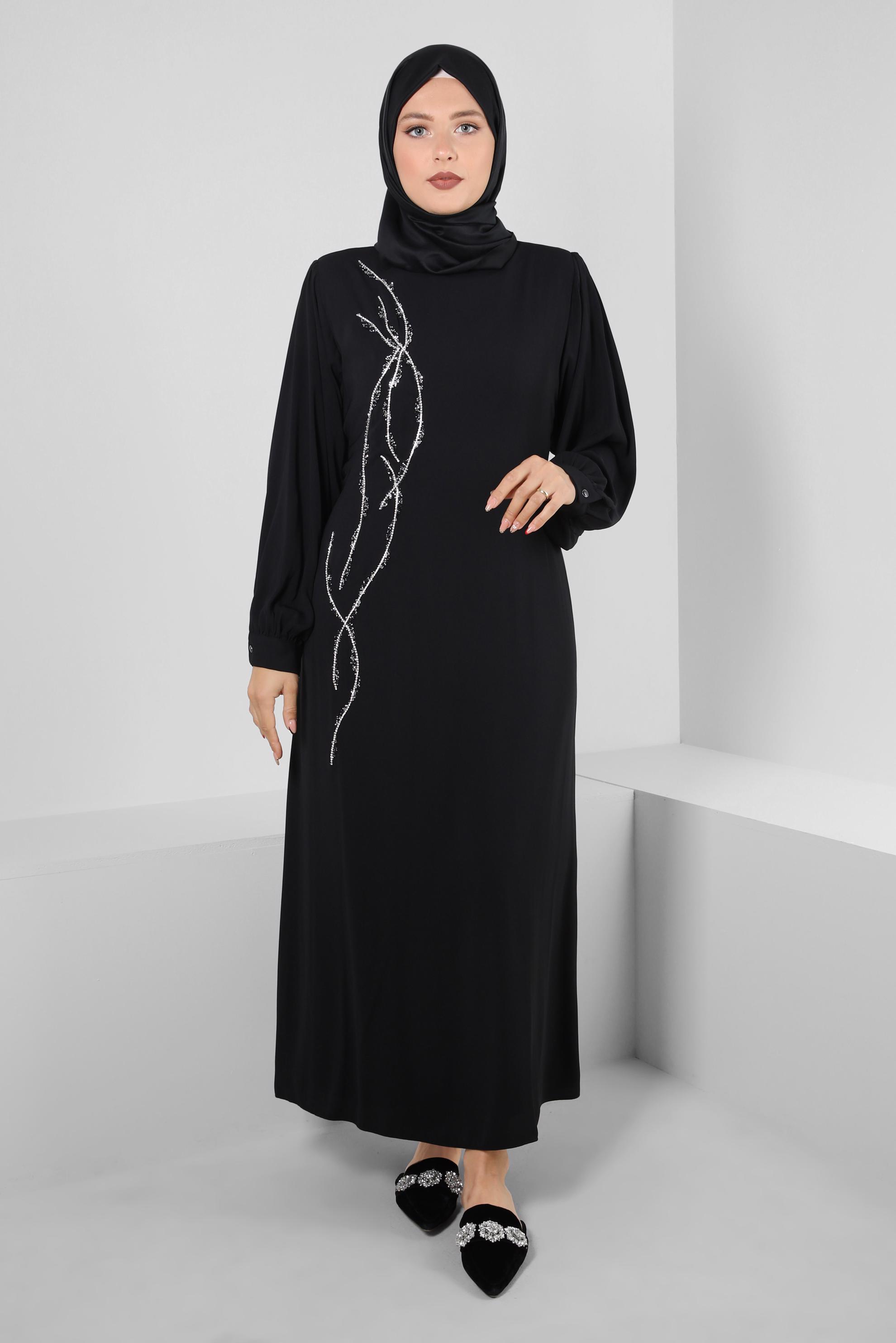 Tesettür giyim SİYAH TAŞ İŞLEMELİ KUŞAKLI ELBİSE 20357