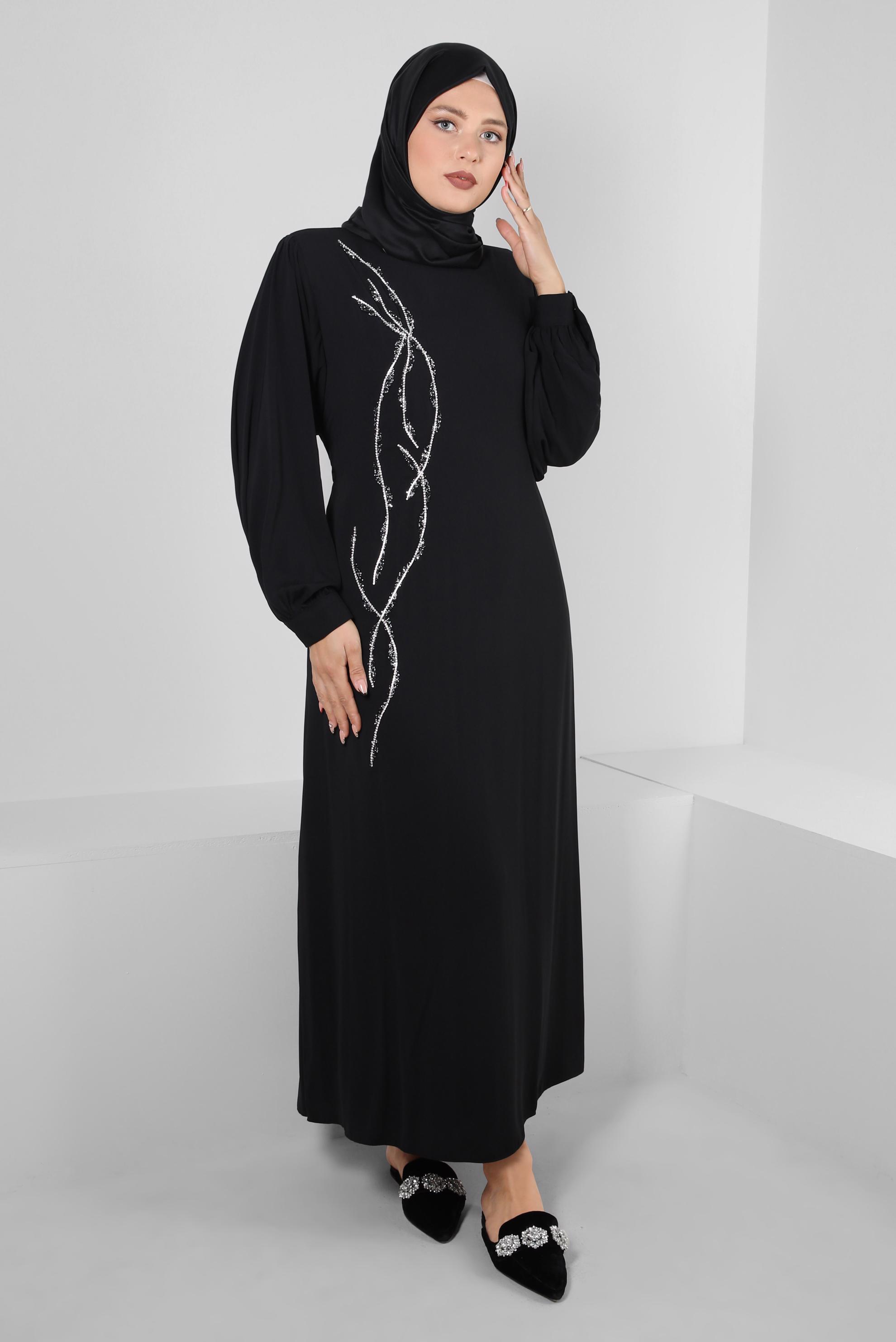 Tesettür giyim SİYAH TAŞ İŞLEMELİ KUŞAKLI ELBİSE 20357
