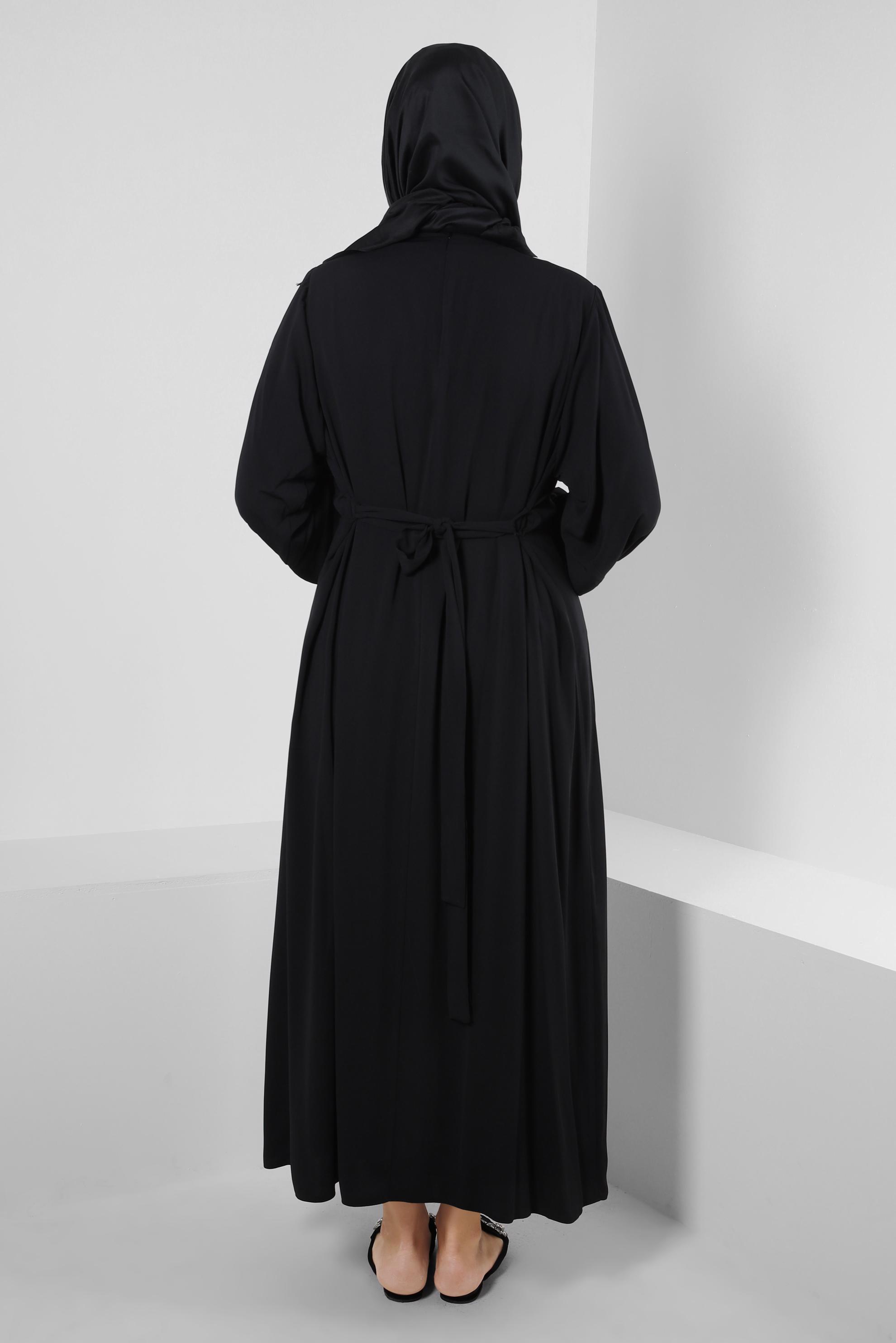 Tesettür giyim SİYAH TAŞ İŞLEMELİ KUŞAKLI ELBİSE 20357