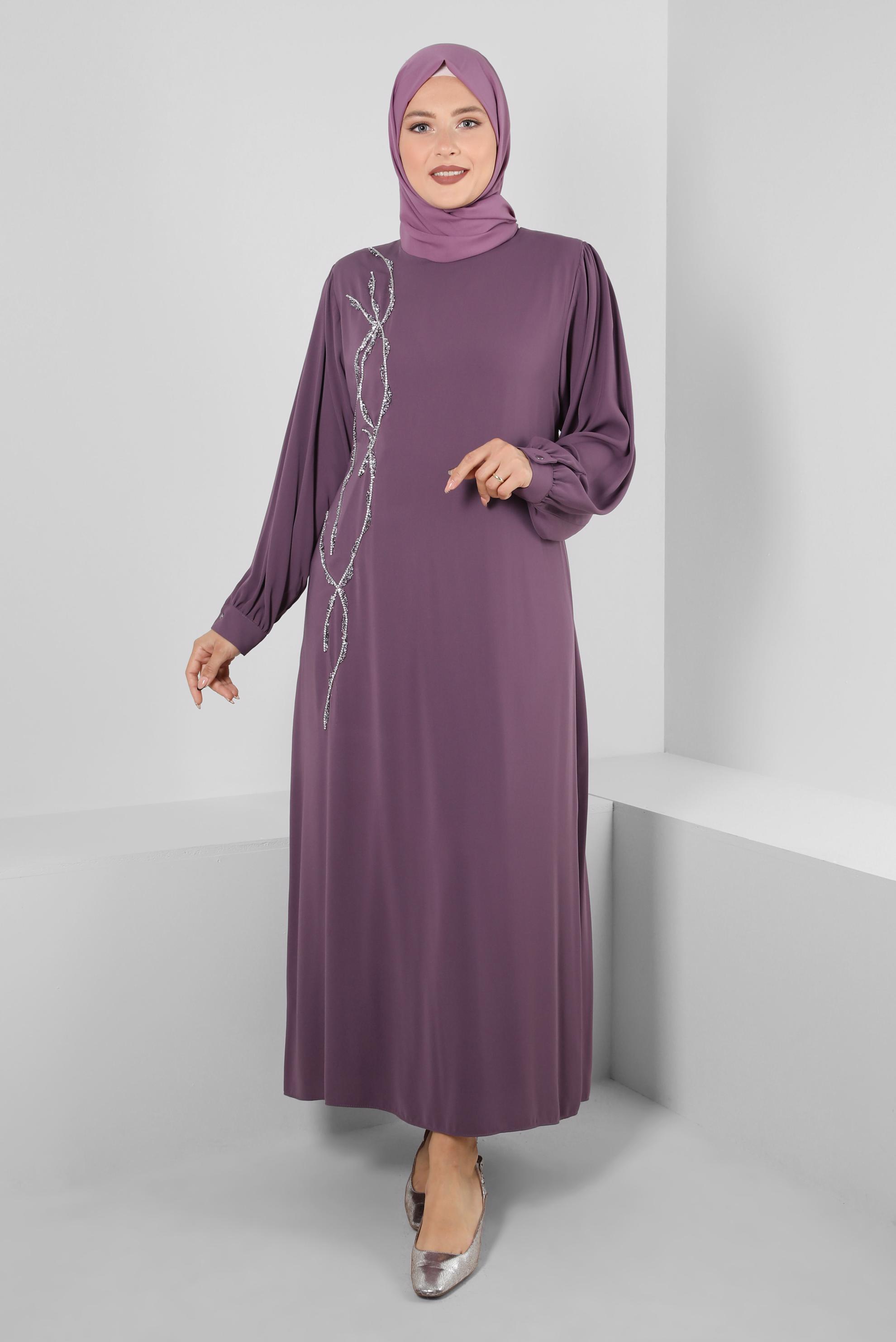 Vêtements hijab POURPRE ROBE CEINTURÉE BRODÉE DE GEMMES 20357