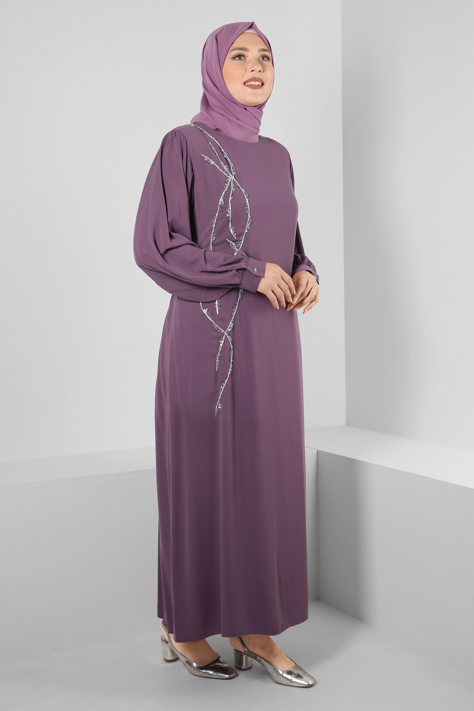 Vêtements hijab POURPRE ROBE CEINTURÉE BRODÉE DE GEMMES 20357