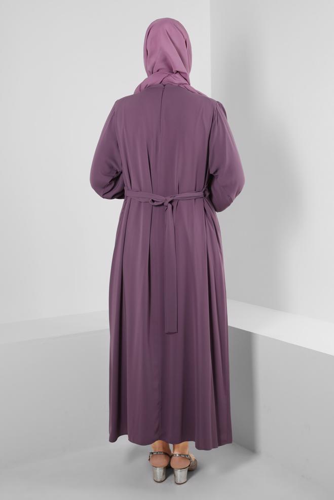 Tesettür giyim MOR TAŞ İŞLEMELİ KUŞAKLI ELBİSE 20357 - ALVİNA