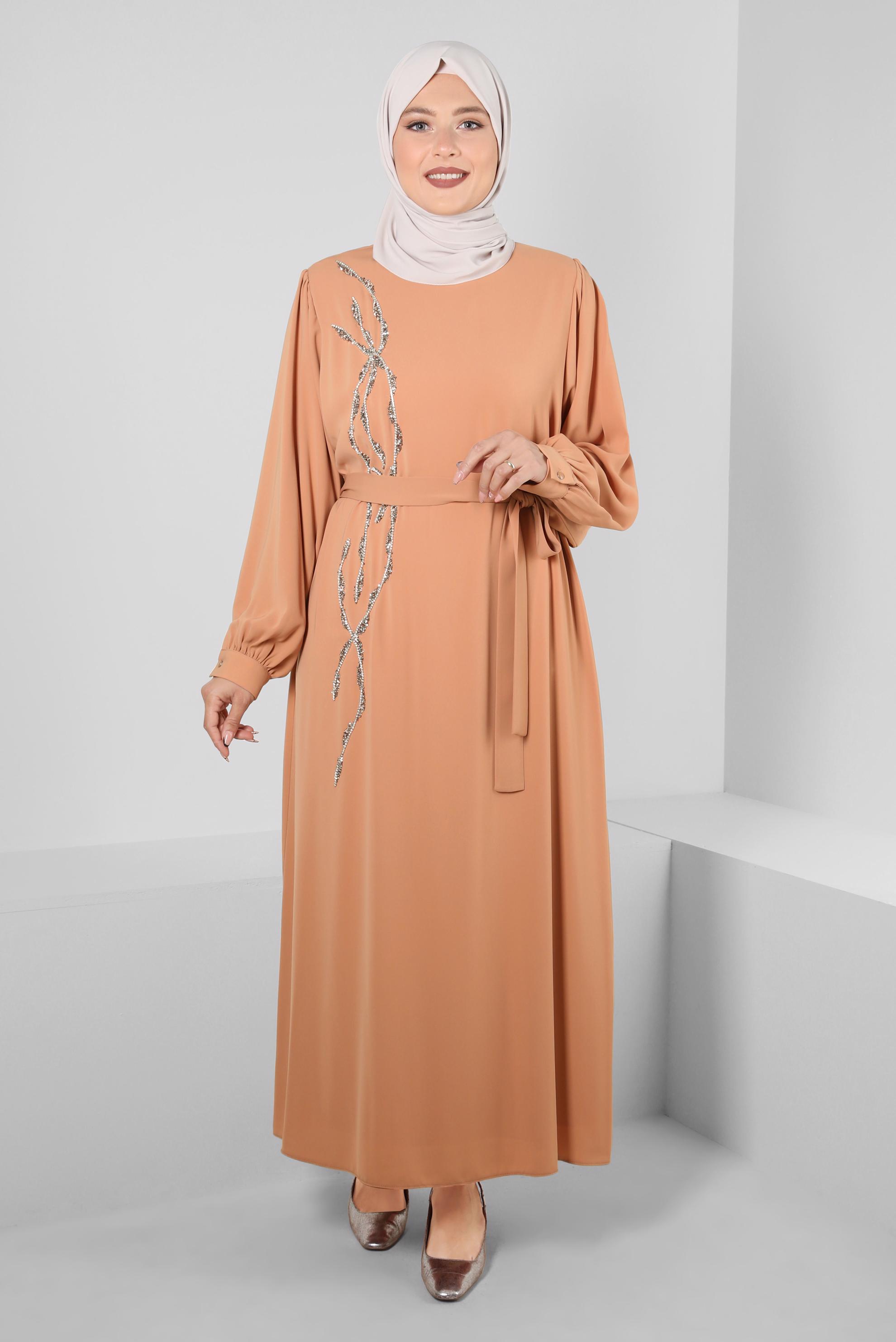 Hijab clothing PINK GEM EMBROIDERED BELTED DRESS 20357