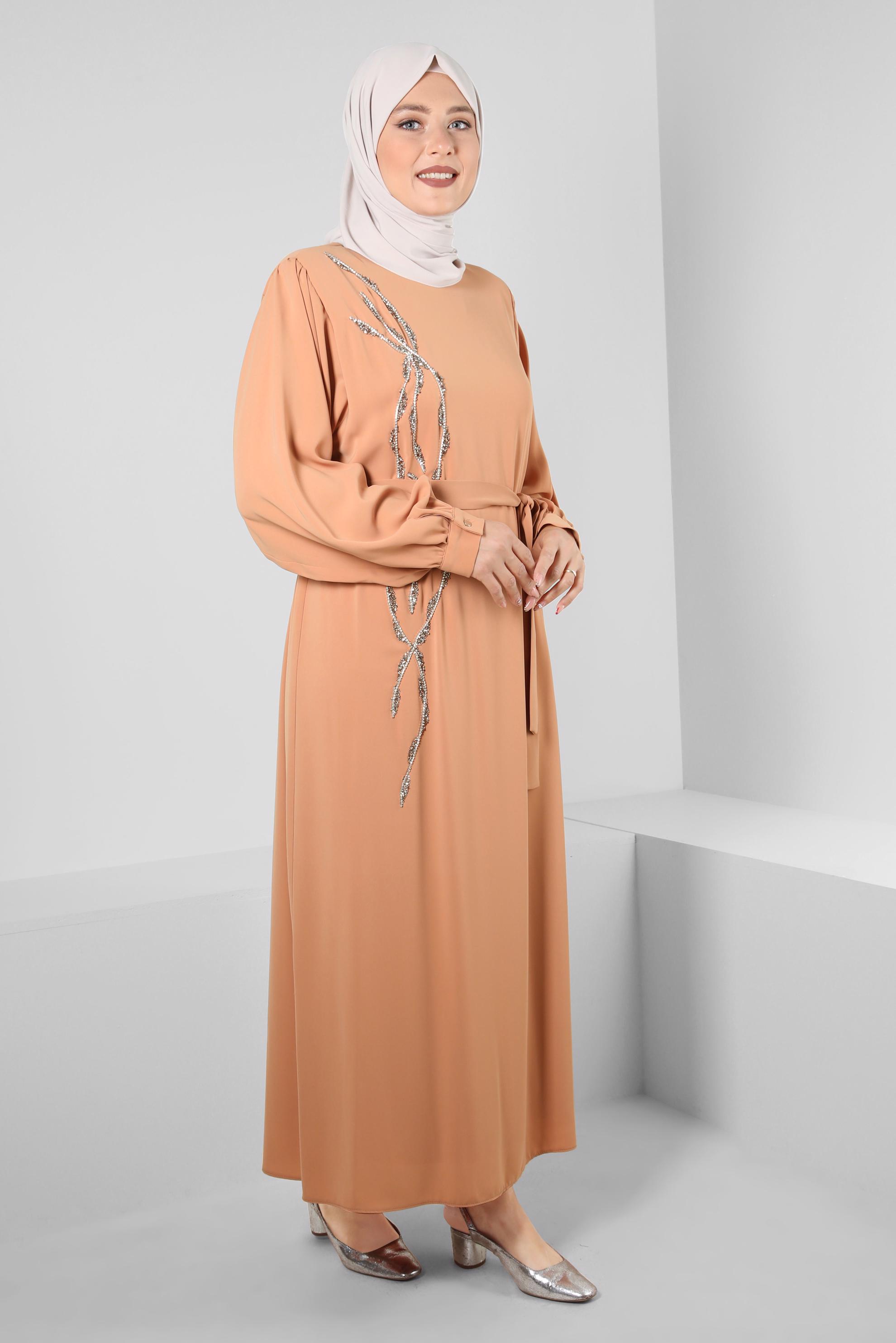 Hijab clothing PINK GEM EMBROIDERED BELTED DRESS 20357