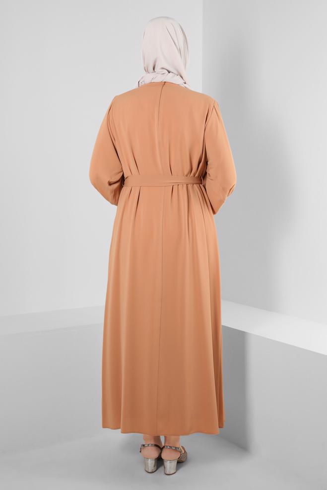 Tesettür giyim PEMBE TAŞ İŞLEMELİ KUŞAKLI ELBİSE 20357 - ALVİNA