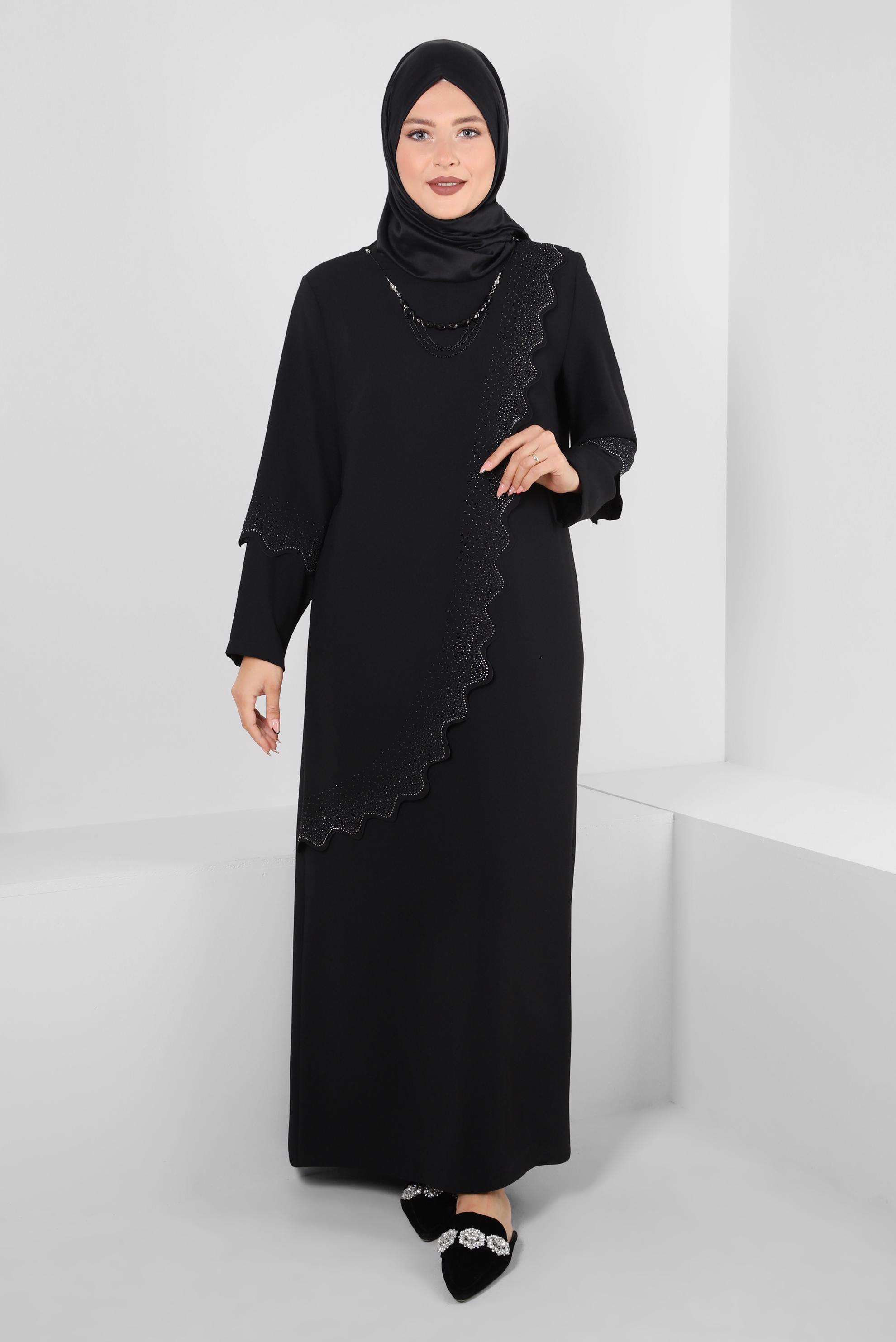 Tesettür giyim SİYAH ZİNCİR DETAYLI TAŞLI KREP ELBİSE 20381