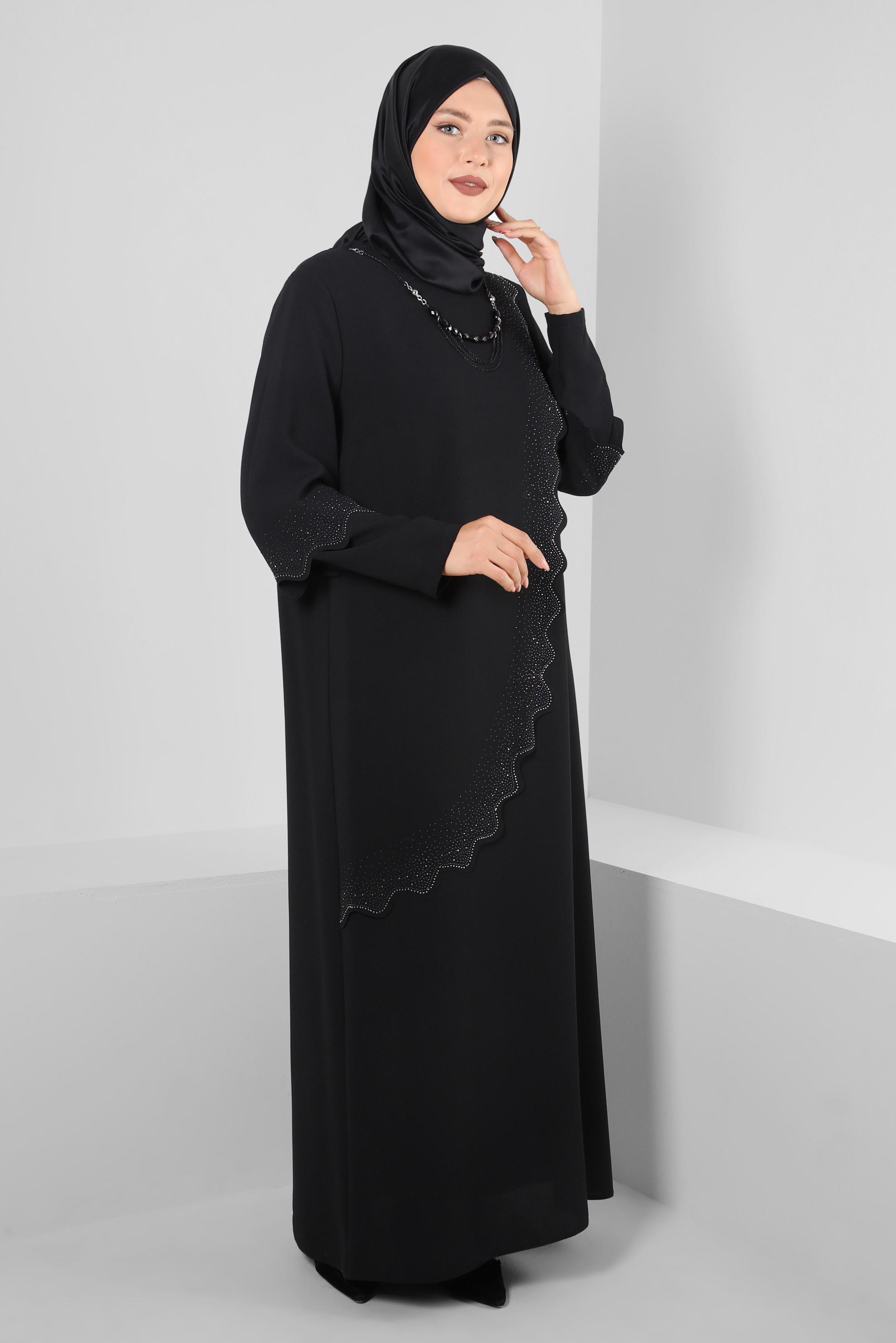 Tesettür giyim SİYAH ZİNCİR DETAYLI TAŞLI KREP ELBİSE 20381