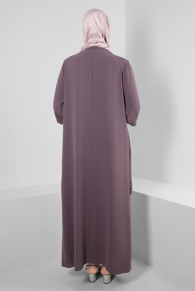 Tesettür giyim PEMBE ZİNCİR DETAYLI TAŞLI KREP ELBİSE 20381 - ALVİNA