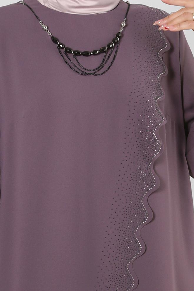 Tesettür giyim PEMBE ZİNCİR DETAYLI TAŞLI KREP ELBİSE 20381 - ALVİNA