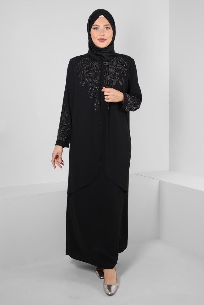 Tesettür giyim SİYAH BONCUK BASKILI BİSİKLET YAKA KREP ELBİSE 20382 - ALVİNA