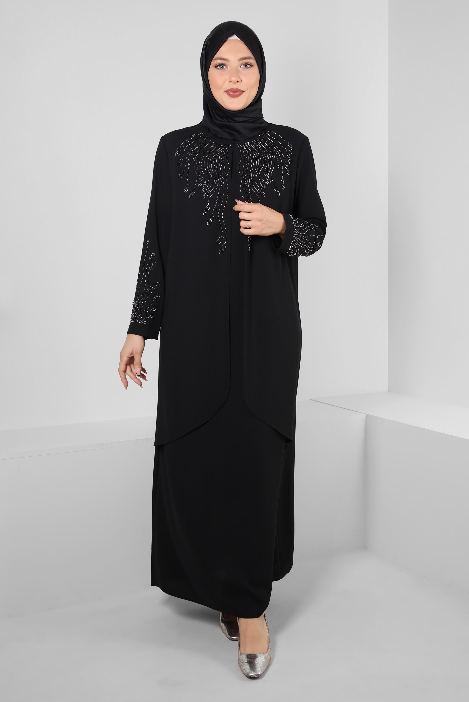 Tesettür giyim SİYAH BONCUK BASKILI BİSİKLET YAKA KREP ELBİSE 20382