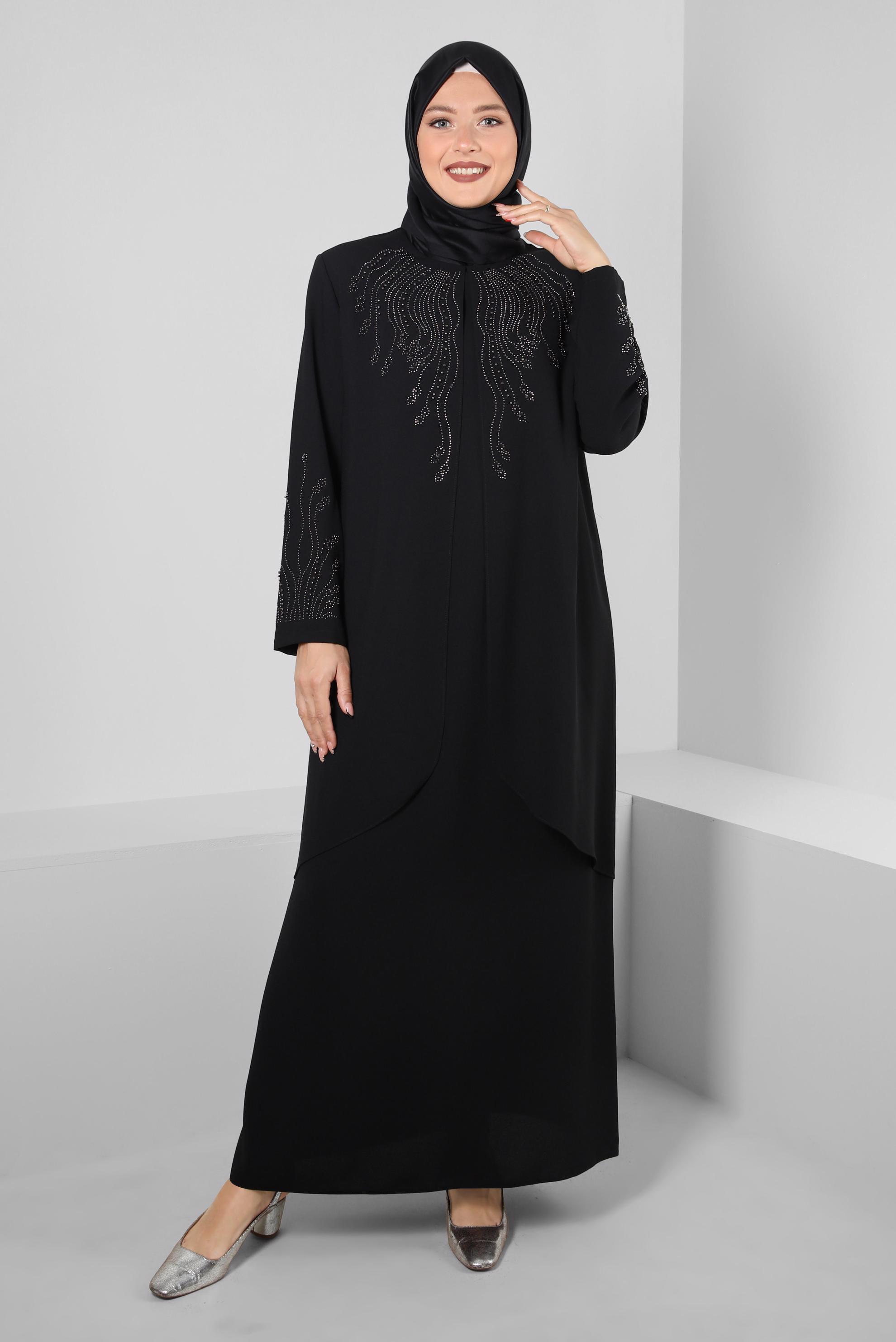 Tesettür giyim SİYAH BONCUK BASKILI BİSİKLET YAKA KREP ELBİSE 20382