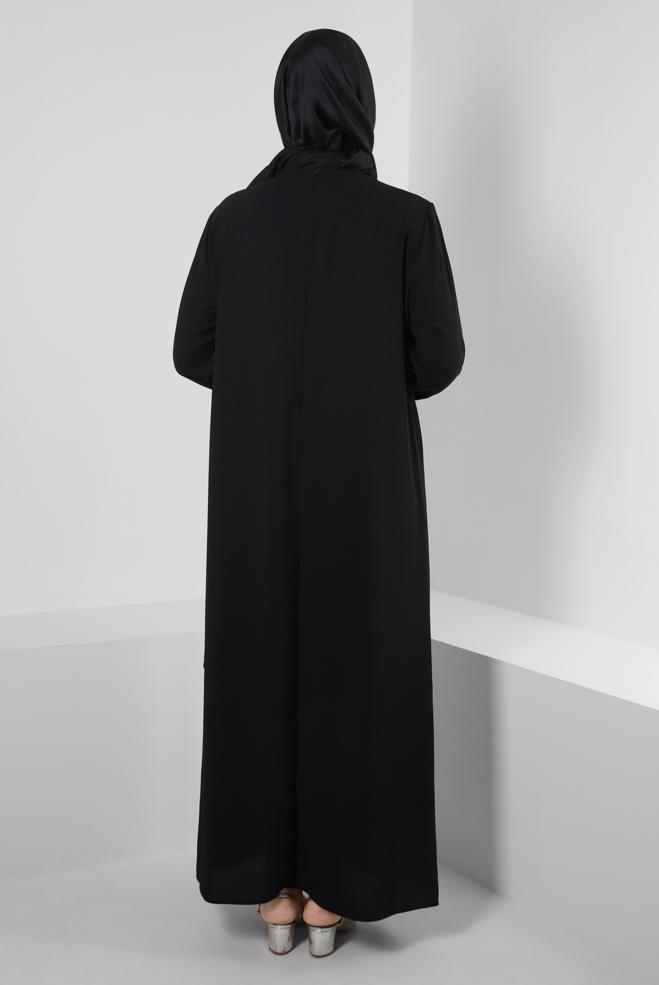 Tesettür giyim SİYAH BONCUK BASKILI BİSİKLET YAKA KREP ELBİSE 20382 - ALVİNA