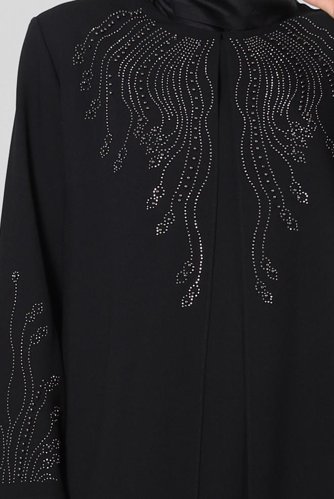 Tesettür giyim SİYAH BONCUK BASKILI BİSİKLET YAKA KREP ELBİSE 20382 - ALVİNA
