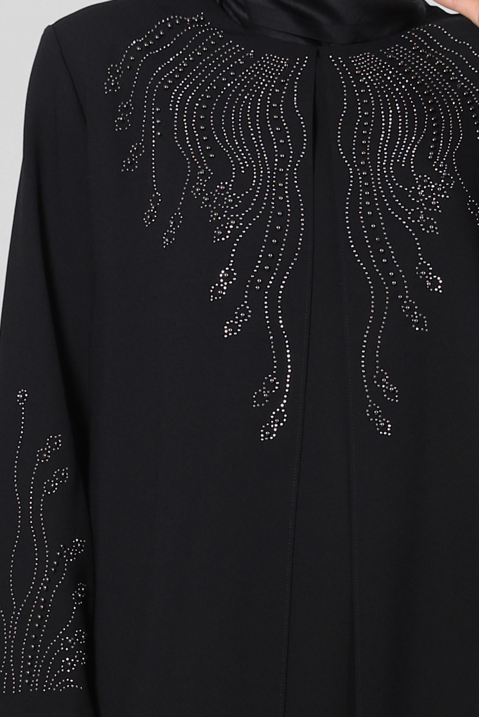 Tesettür giyim SİYAH BONCUK BASKILI BİSİKLET YAKA KREP ELBİSE 20382