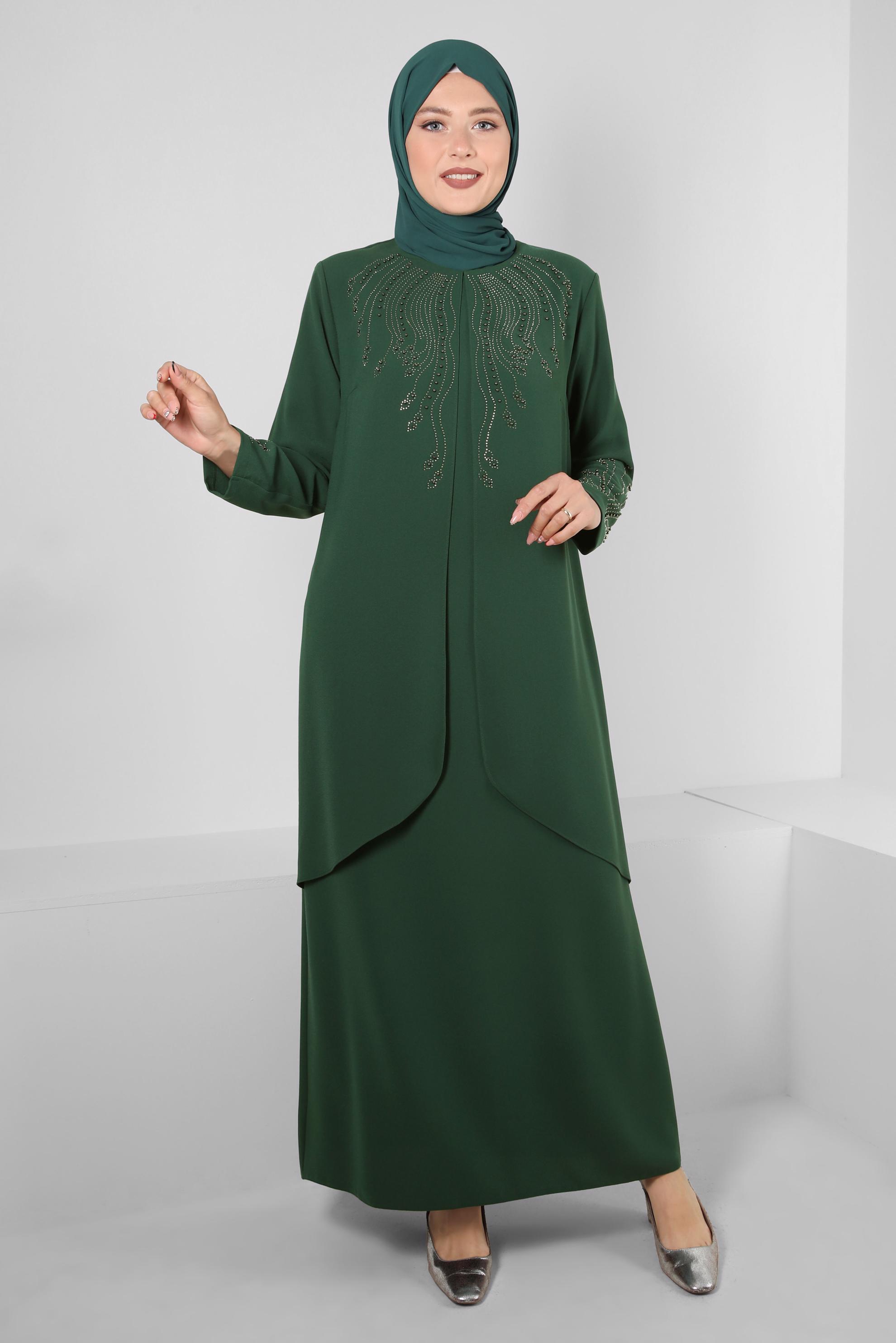 Tesettür giyim YEŞİL BONCUK BASKILI BİSİKLET YAKA KREP ELBİSE 20382