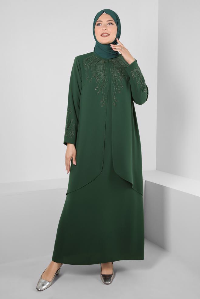 Tesettür giyim YEŞİL BONCUK BASKILI BİSİKLET YAKA KREP ELBİSE 20382 - ALVİNA